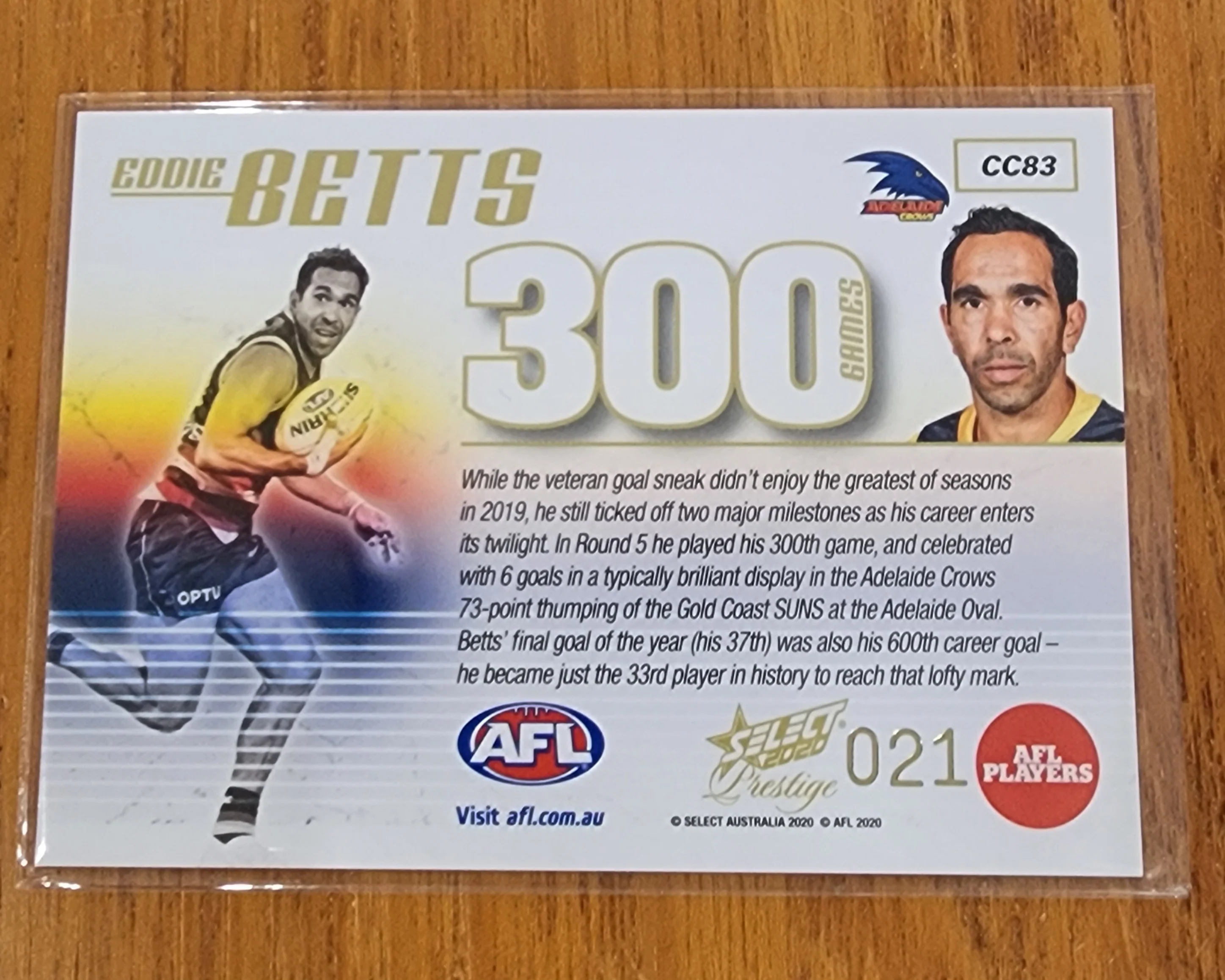 2020 AFL Select Prestige 300 games card Eddie Betts Adelaide Crows CC83 #21 - Image 2