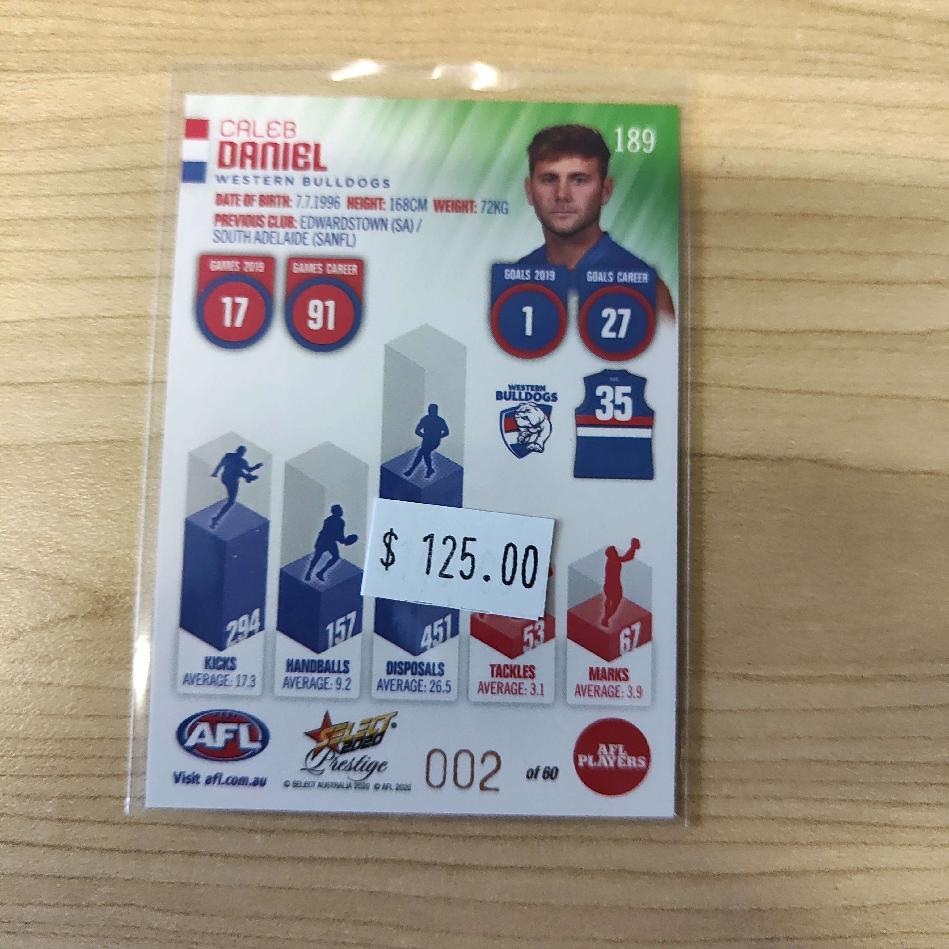 2020 AFL Select Prestige Green Parallel Caleb Daniel Western Bulldogs LOW NUMBER 002/60 - Image 2