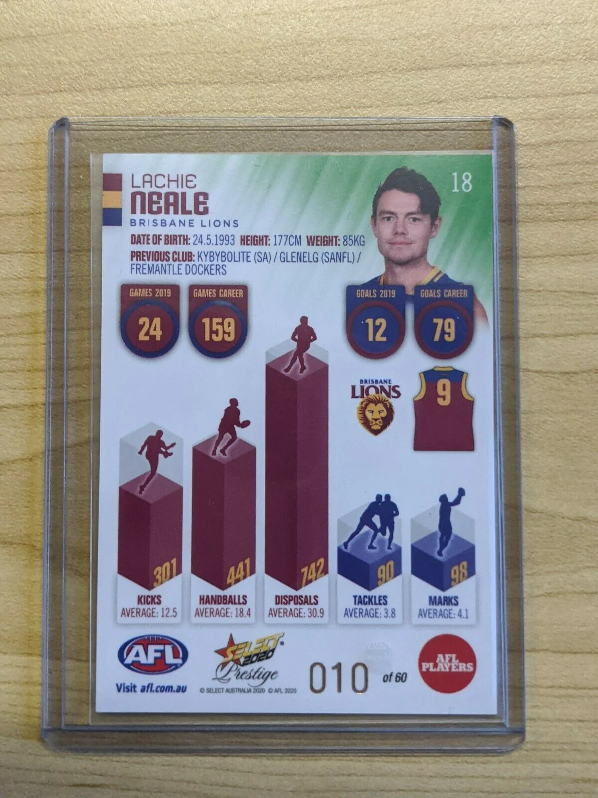 2020 AFL Select Prestige GREEN PARALLEL Lachie Neale Brisbane Lions 010/60 - Image 2