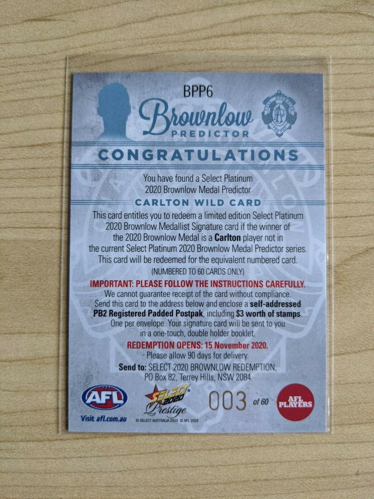 2020 AFL Select Prestige Platinum Brownlow Predictor CARLTON WILD CARD 3/60 - Image 2