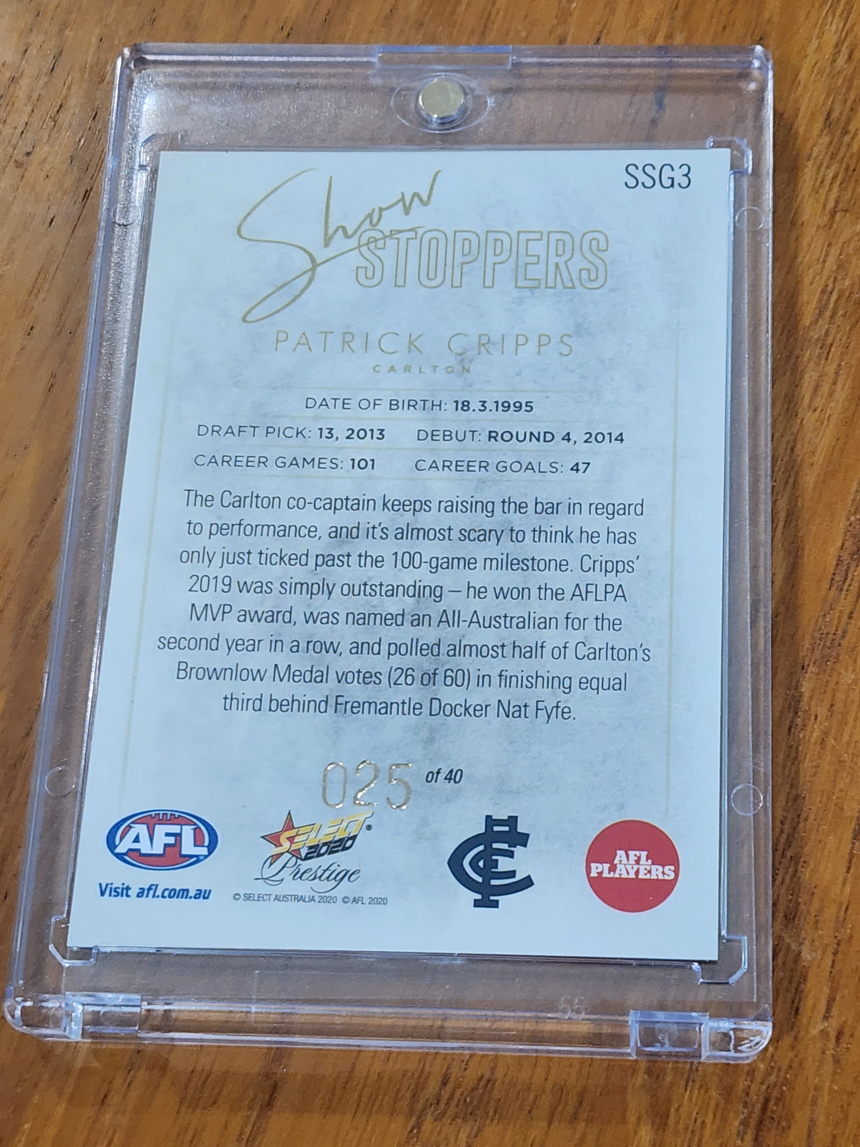 2020 AFL Select Prestige Showstoppers Patrick Cripps Carlton SSG3 25/40 - Image 2