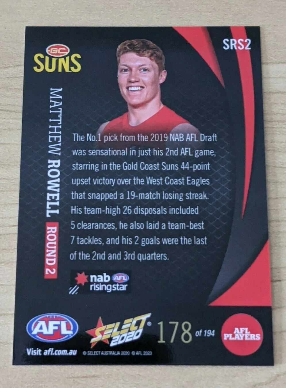 2020 AFL Select Rising Star Matthew Rowell Gold Coast Round 2 SRS2 - Image 2
