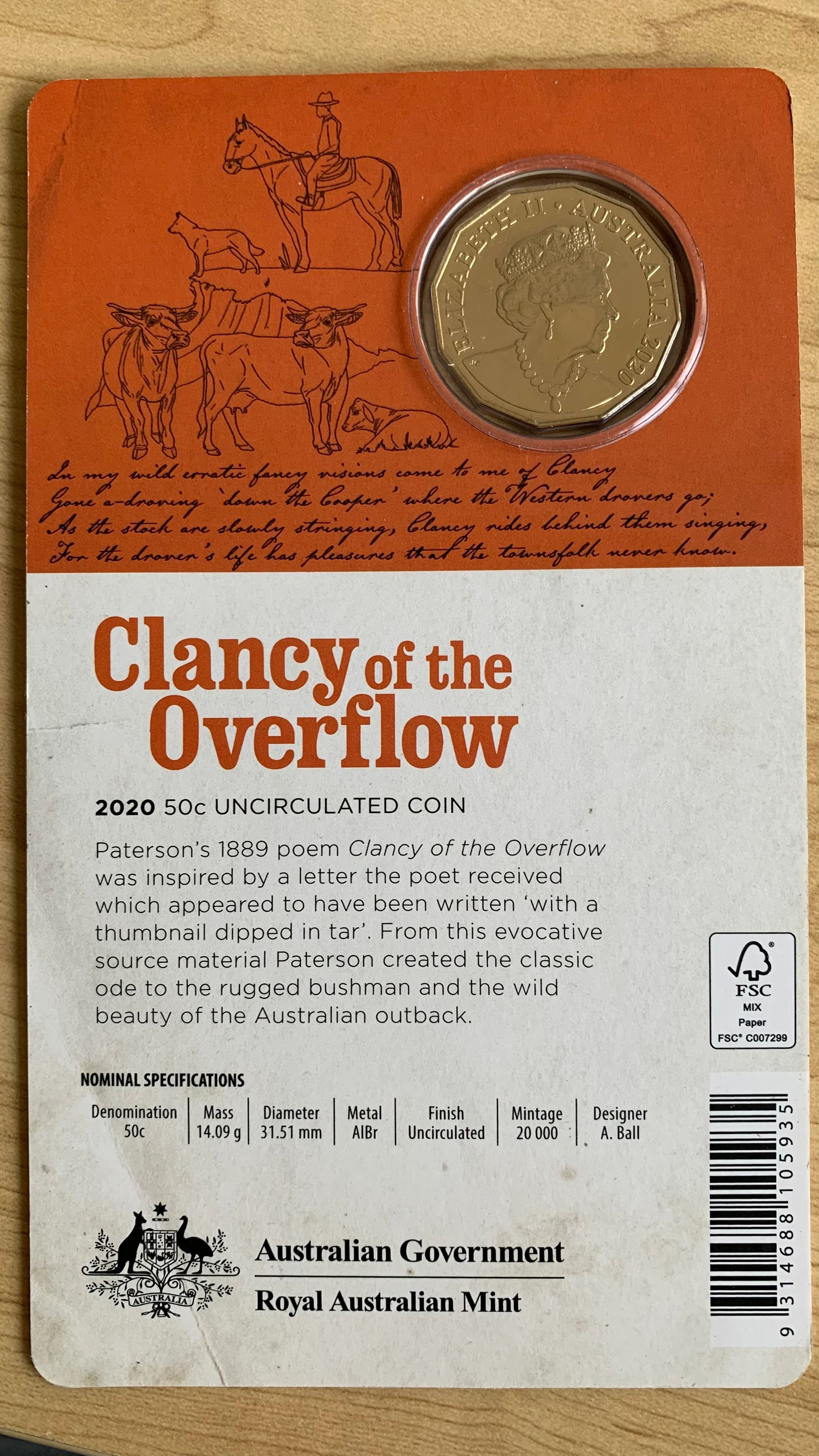 Australia 2020 Royal Australian Mint 50 cents 50c Banjo Patterson - Clancy Uncirculated Coin - Image 2