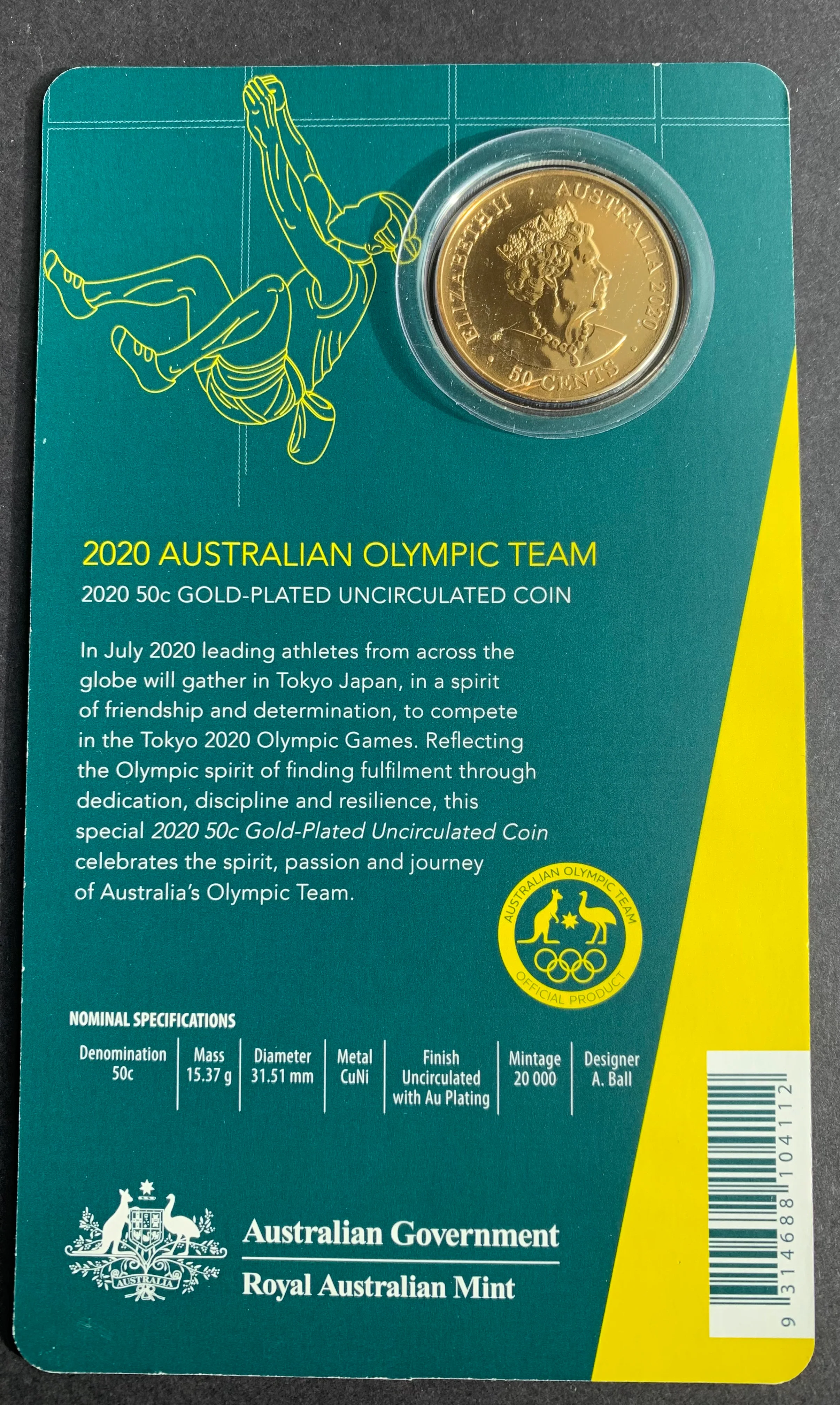 Australia 2020 Royal Australian Mint Fifty Cents 50c Australia Olympic Team  carded Uncirculated Coin. - Image 2