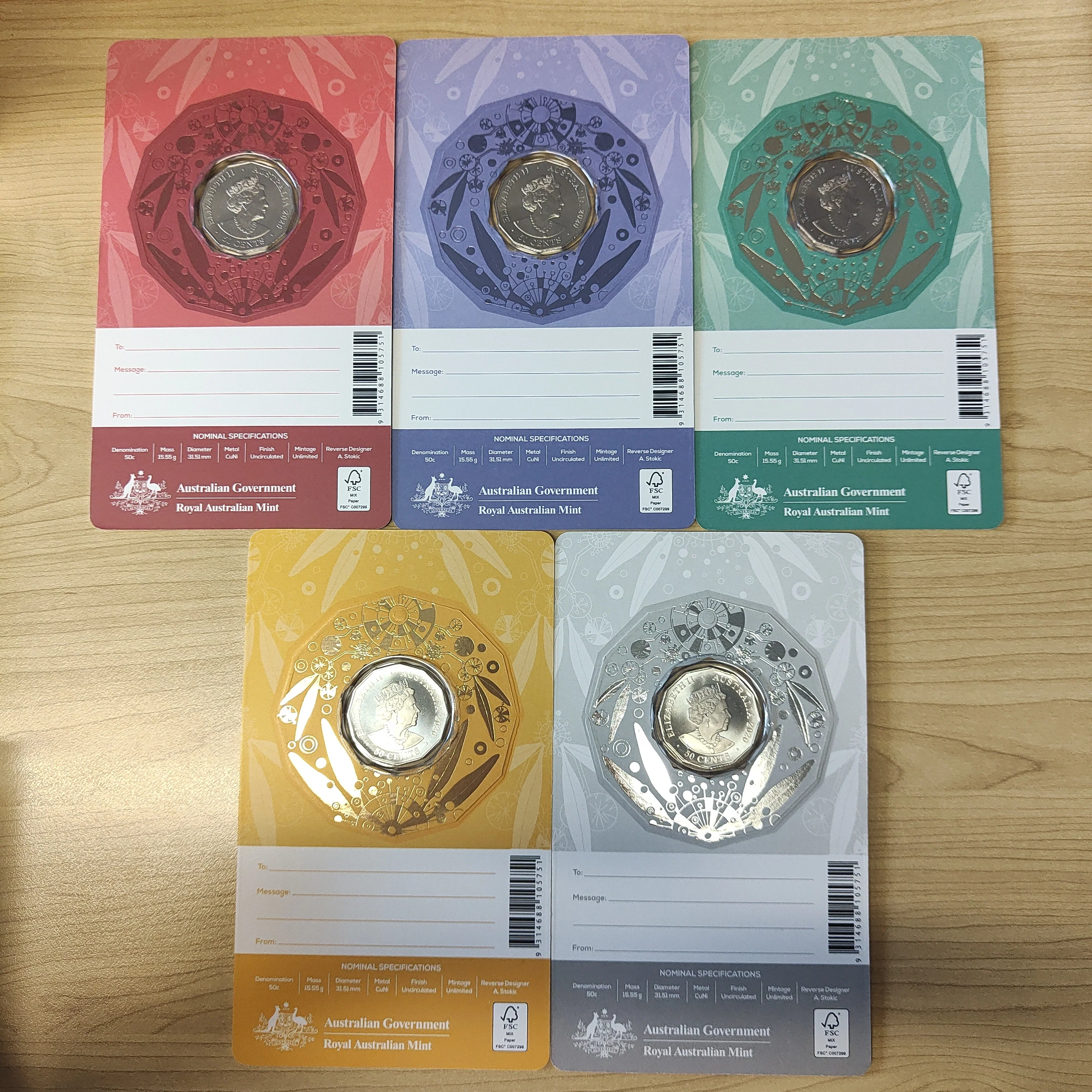 Australia 2020 Royal Australian Mint 50c Fifty Cents Christmas set of 5 Uncirculated Coins - Image 3
