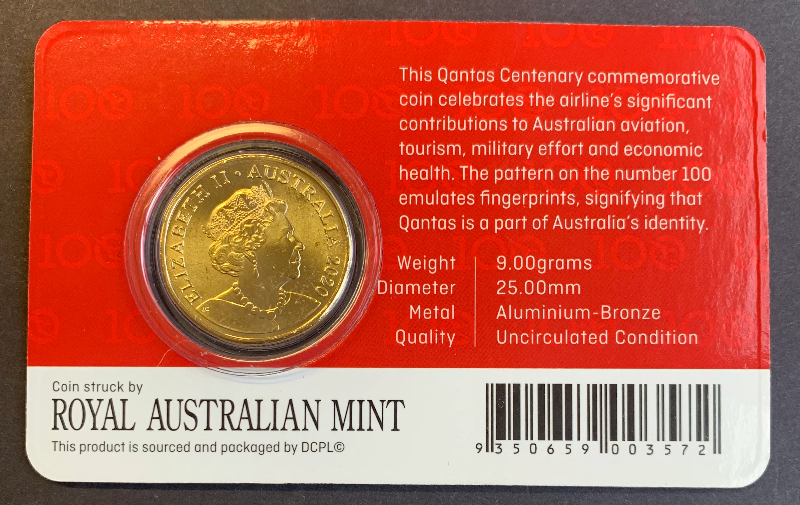 2020 Royal Australian Mint $1 Qantas Centenary Celebrating 100 Years Carded Uncirculated Coin - Image 2