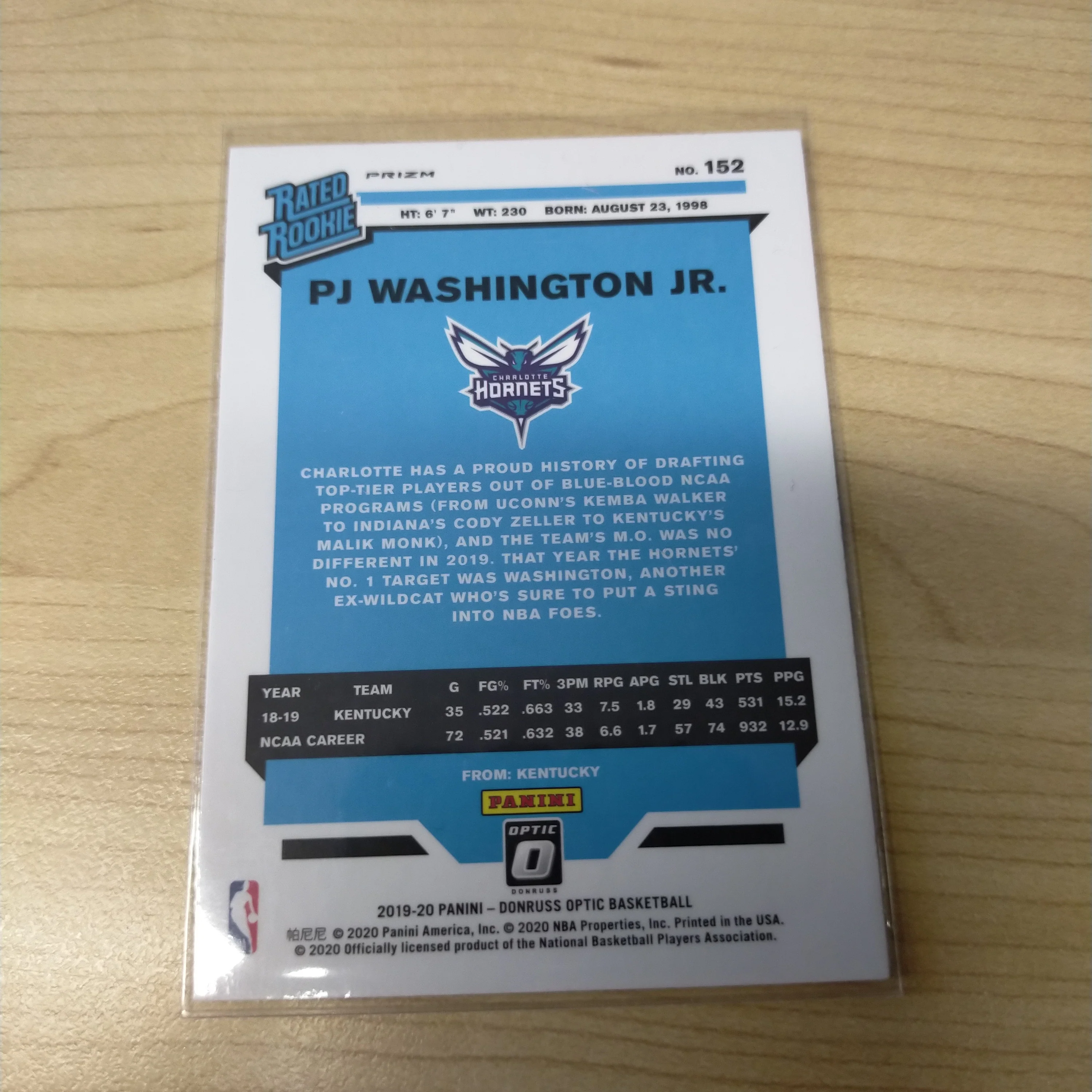 2020 Panini Optic Rated Rookie PJ Washington Jr Hornets NBA Basketball Card - Image 2