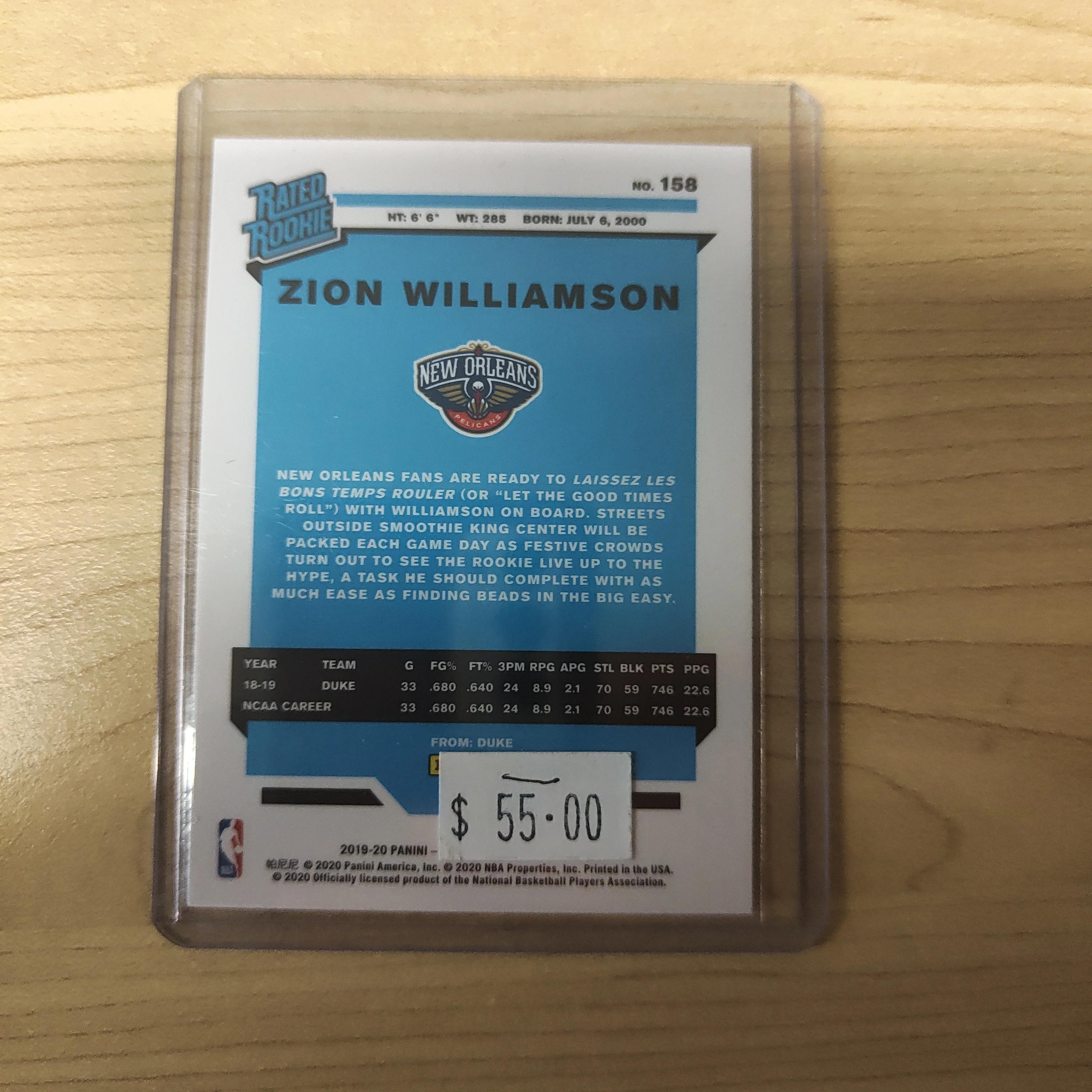 2020 Panini Optic Rated Rookie Zion Williamson NBA Basketball Card - Image 2