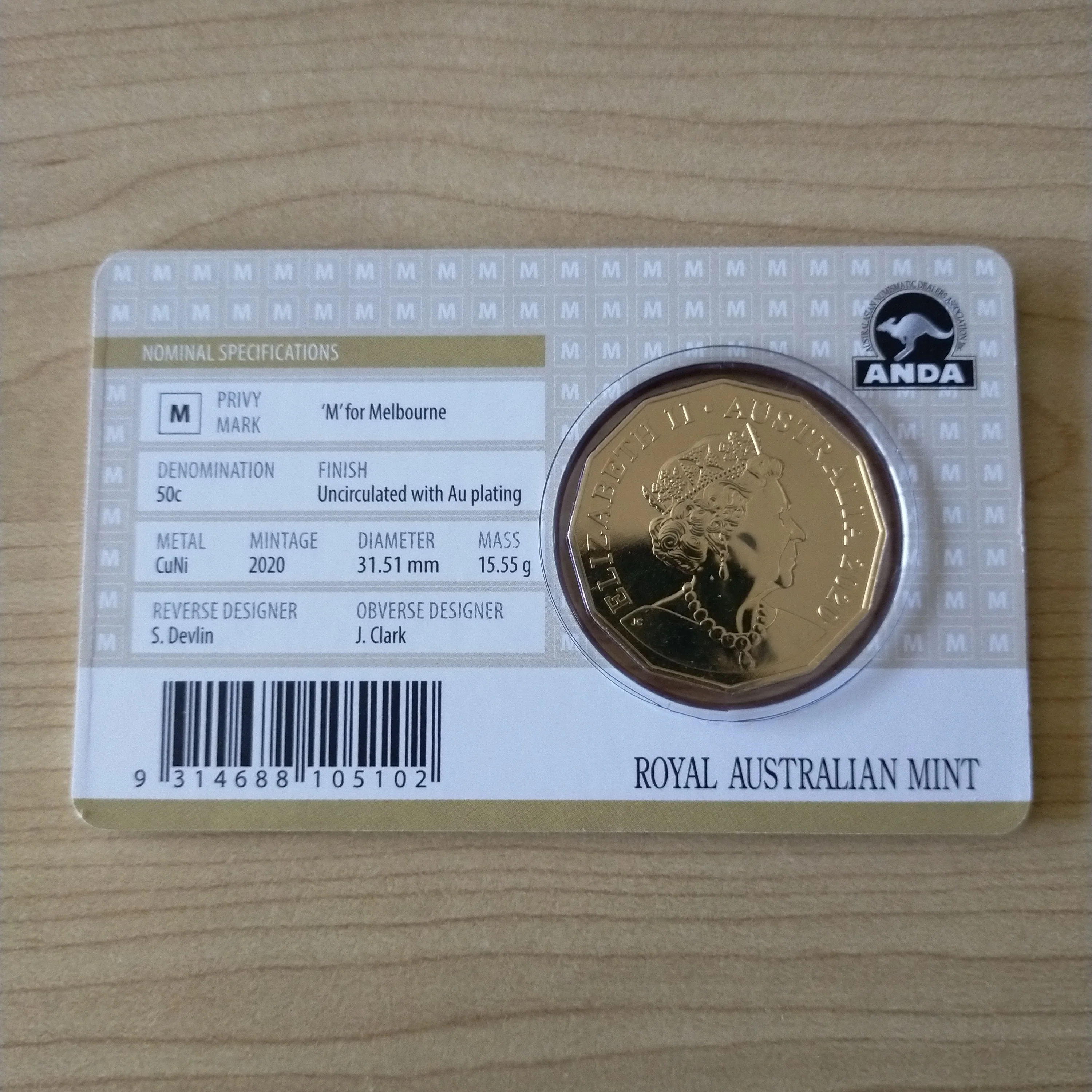 Australia 2020 RAM 50c Fifty Cents ANDA Special Release Gold Plated Carded Coin - Image 2