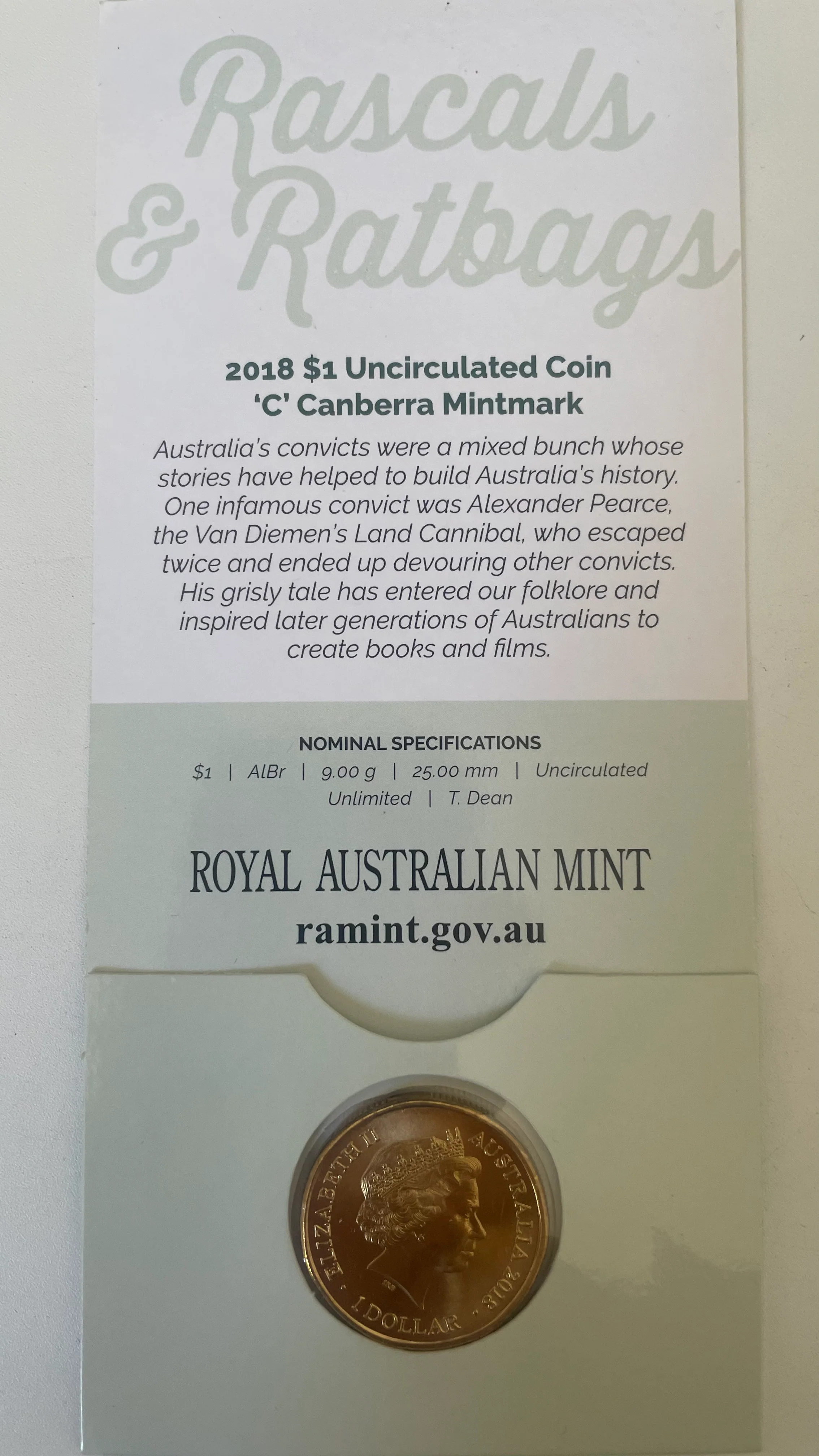 Australia 2018 $1 One Dollar RASCALS & RATBAGS Alexander Pearce 'C' mintmark - Image 2