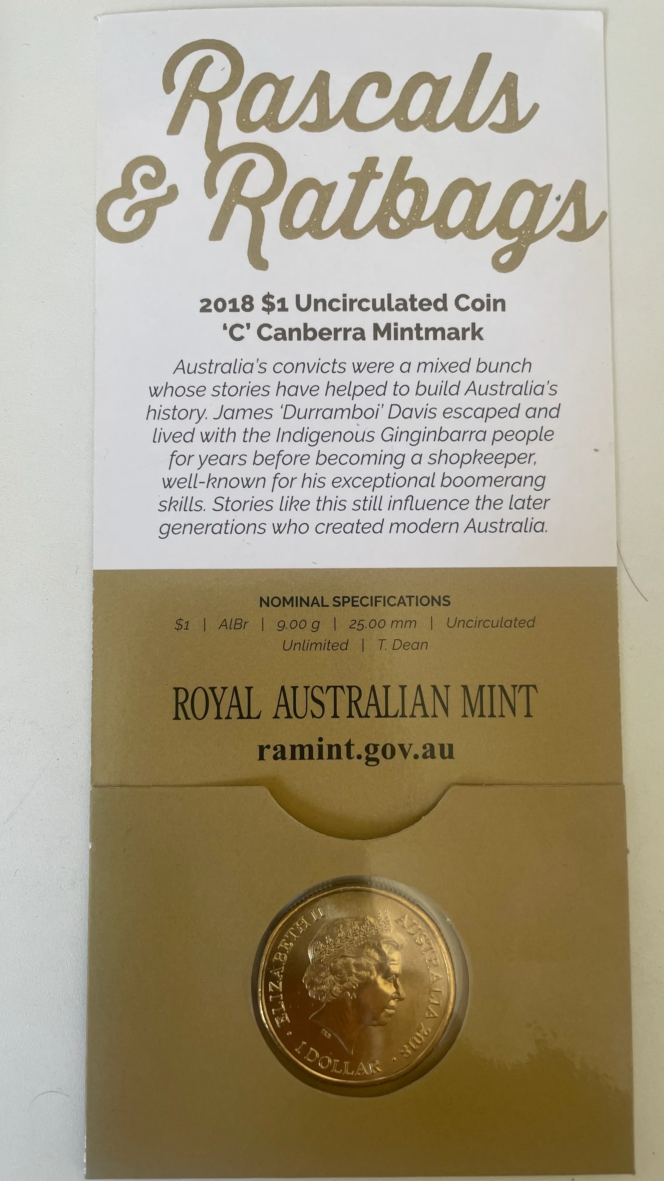 Australia 2018 $1 One Dollar RASCALS & RATBAGS James Davis 'C' mintmark - Image 2