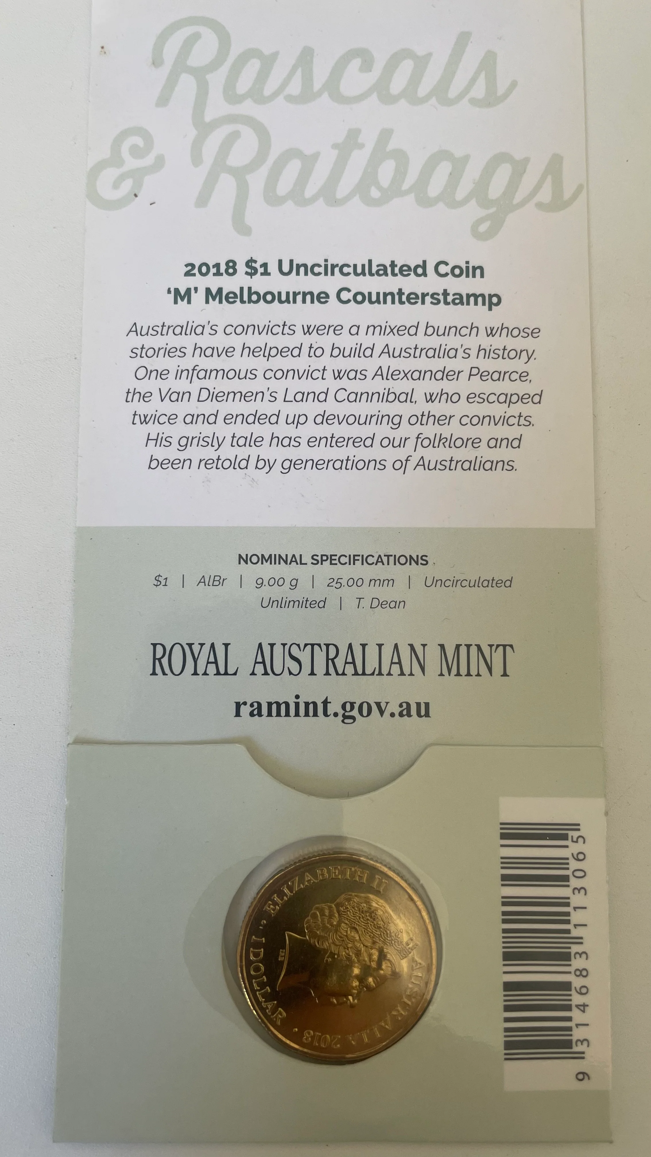 Australia 2018 $1 One Dollar Rascals & Ratbags Alexander PEARCE 'M' mintmark - Image 2