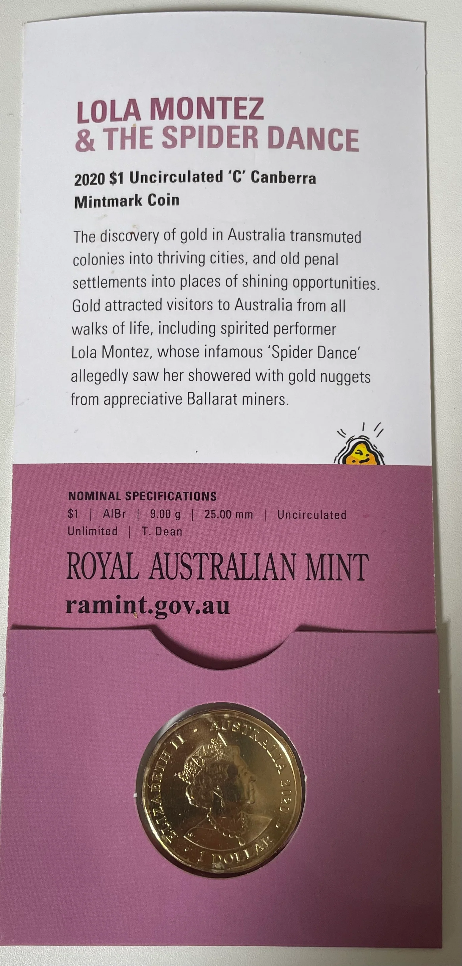 Australia 2020 Royal Australian Mint $1 Eureka Lola Montez & The Spider Dance  "C" Mintmark uncirculated coin - Image 2