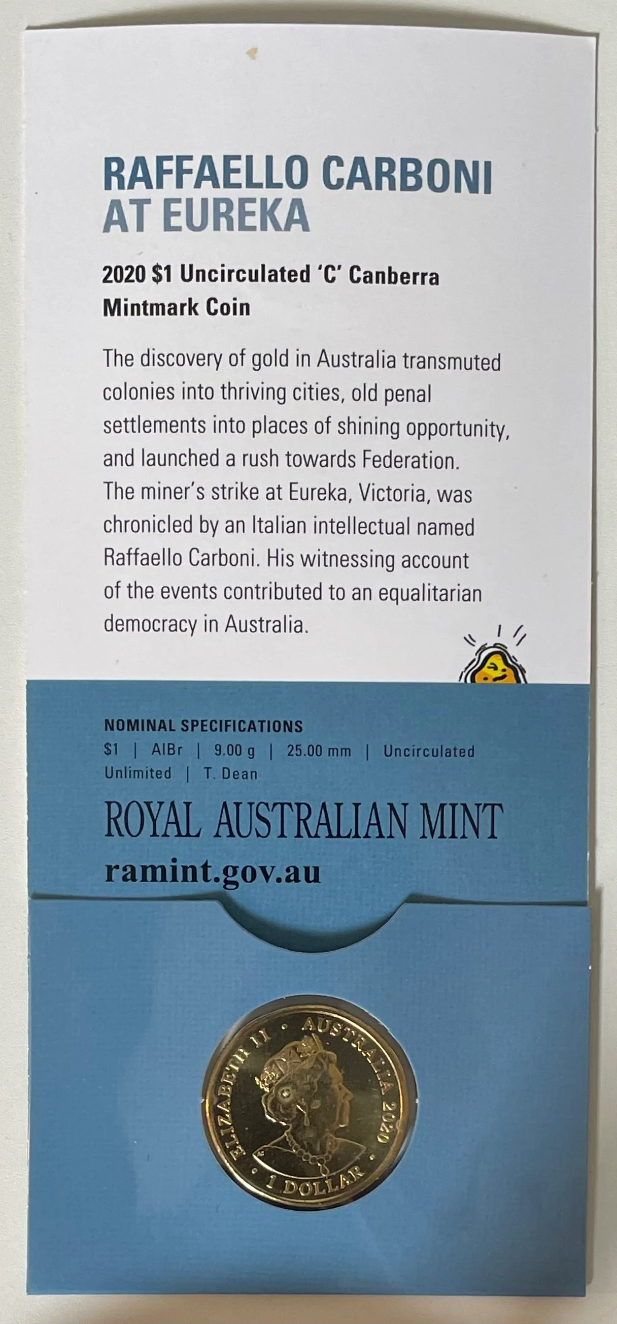 Australia 2020 Royal Australian Mint $1 Eureka Raffaello Carboni At Eureka "C" Mintmark uncirculated coin - Image 2