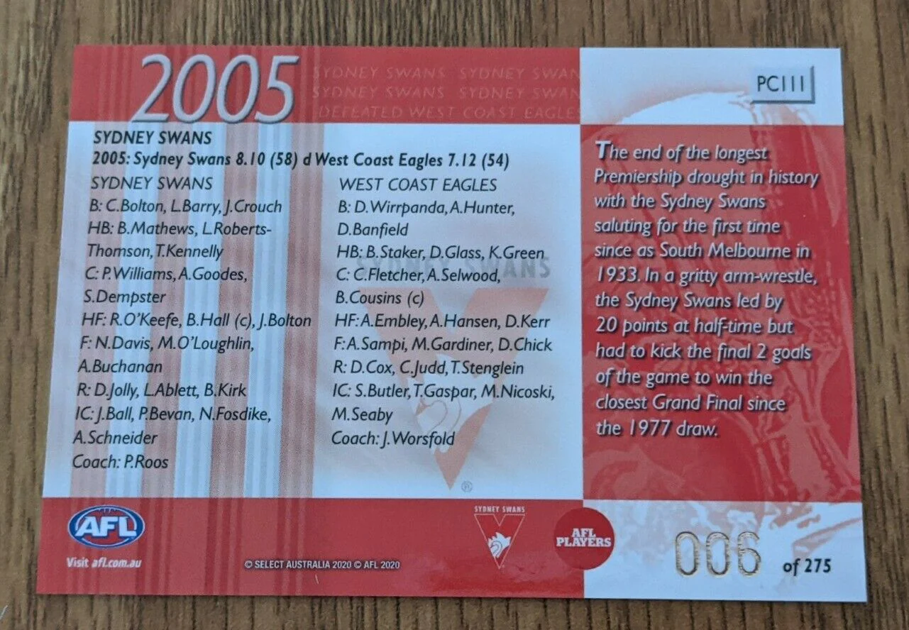 2020 Select Dominance 2005  Sydney Premiership Commemorative Low Number 006/275 - Image 2
