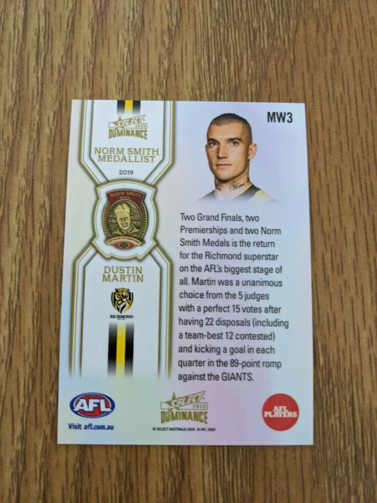 2020 Select Dominance Dustin Martin Norm Smith Medal Card Richmond Tigers MW3 - Image 2