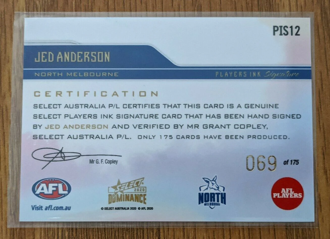 2020 Select Dominance - Jed Anderson - Players Ink Signature North Roos 069/175 - Image 2