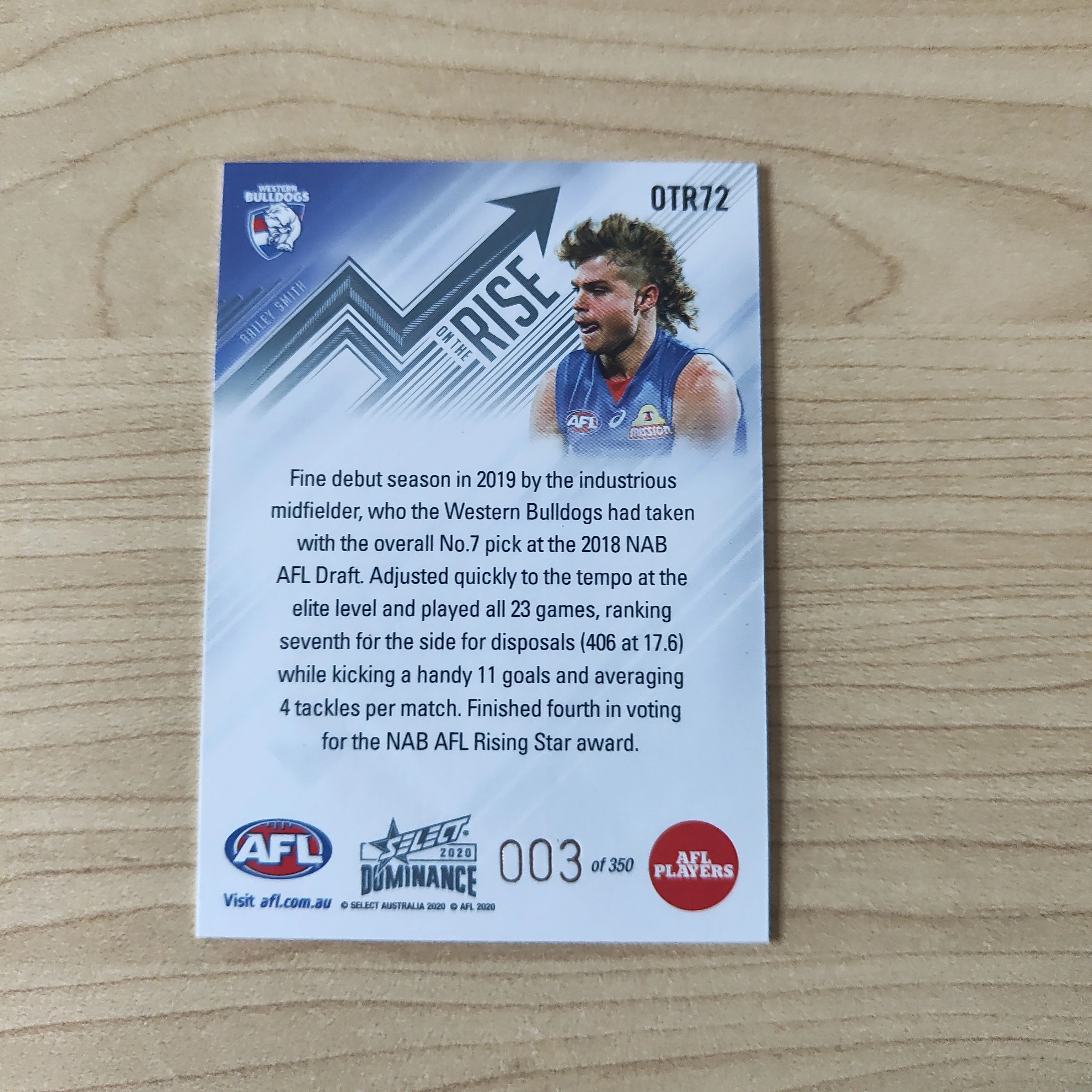 2020 Select Dominance On The Rise Bailey Smith Western Bulldogs LOW NUMBER No.003/350 - Image 2