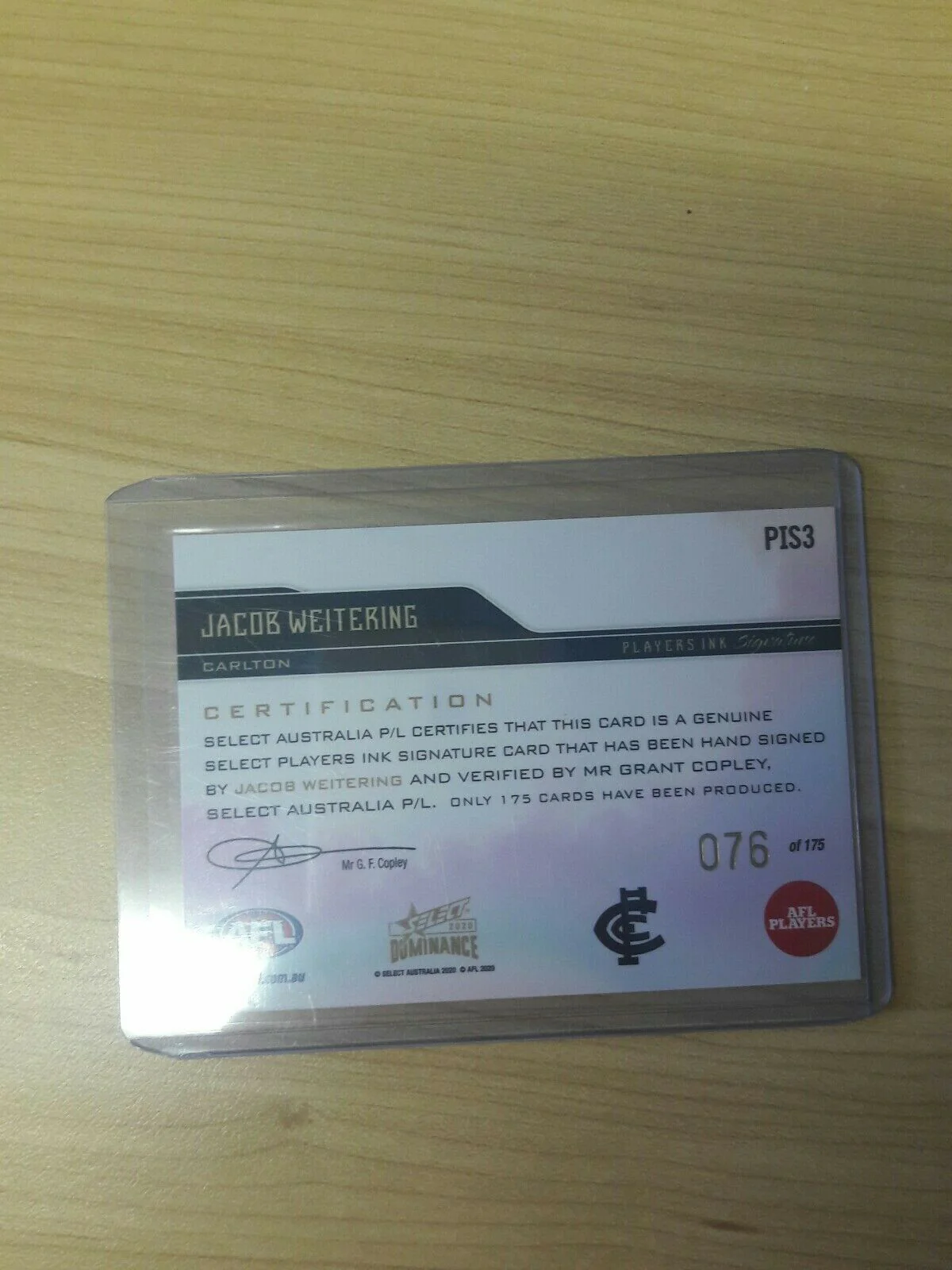 2020 Select Dominance Players Ink Signature Card Jacob Weitering Carlton 76/175 - Image 2