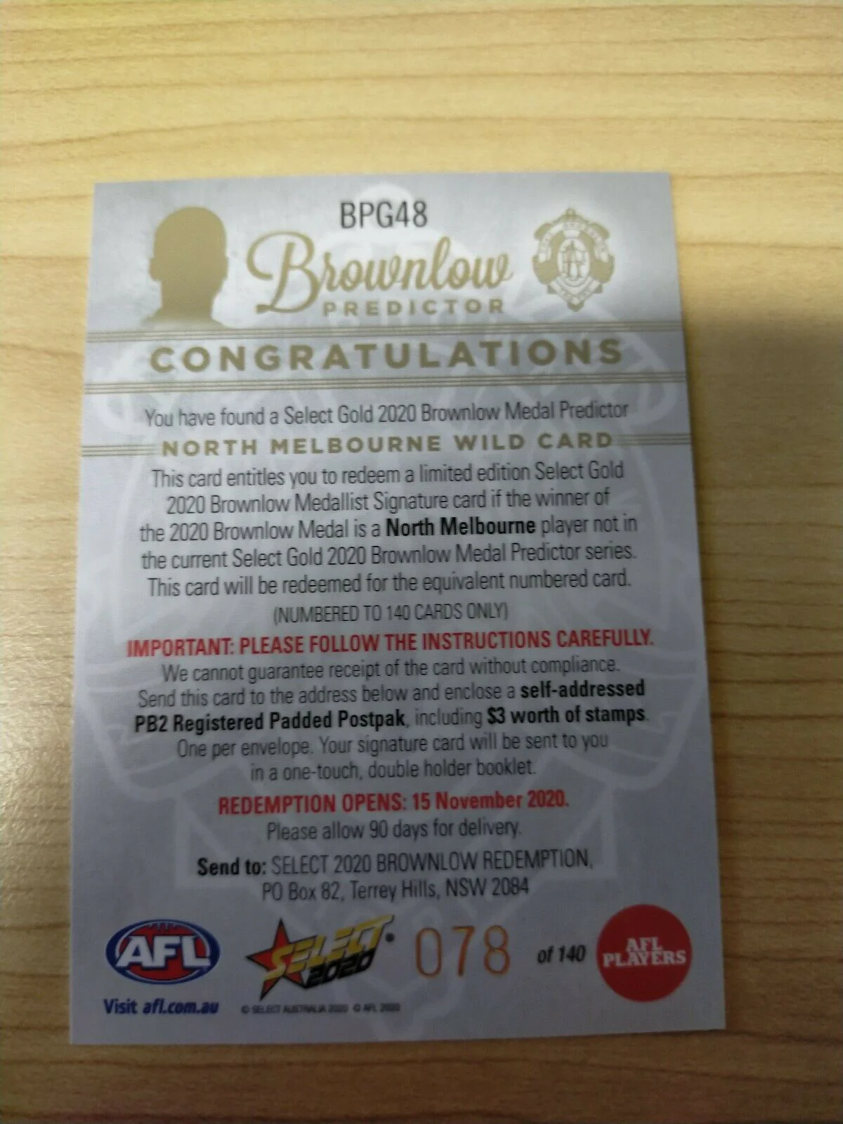 2020 Select Footy Stars Brownlow Predictor Wild Card North Melb No. 078/140 - Image 2