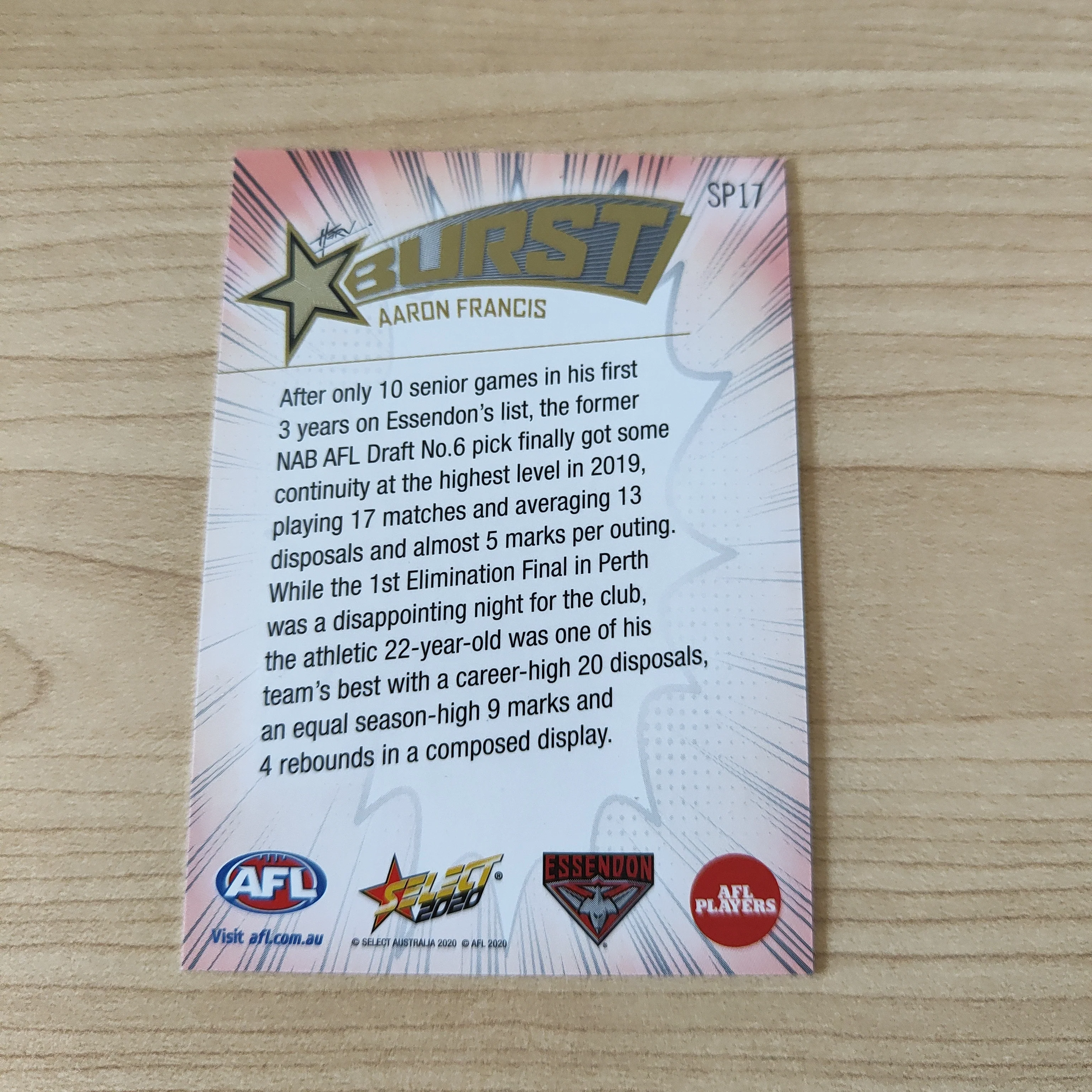 2020 Select Footy Stars Explosion Star Burst Aaron Francis Essendon - Image 2
