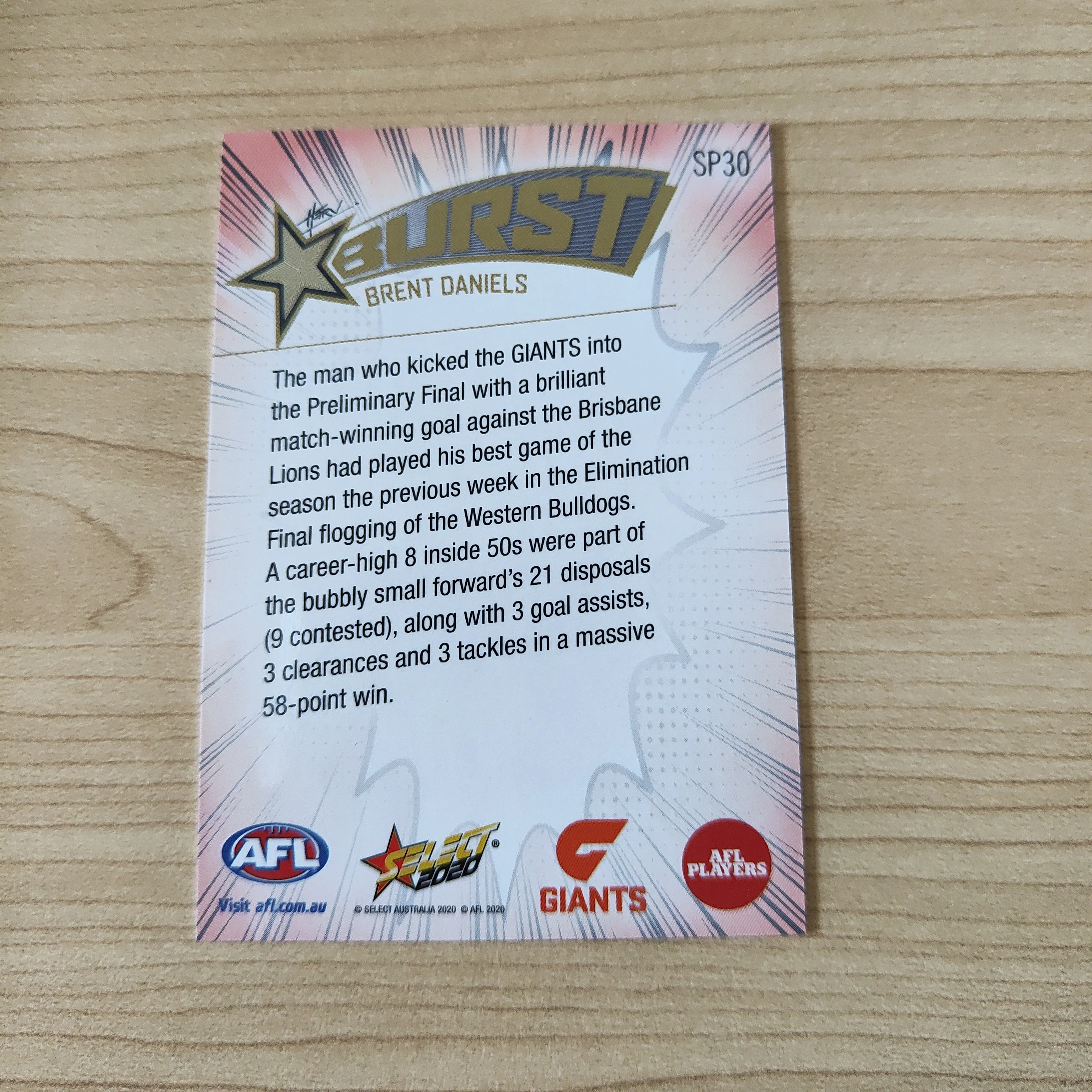 2020 Select Footy Stars Explosion Star Burst Brent Daniels GWS - Image 2
