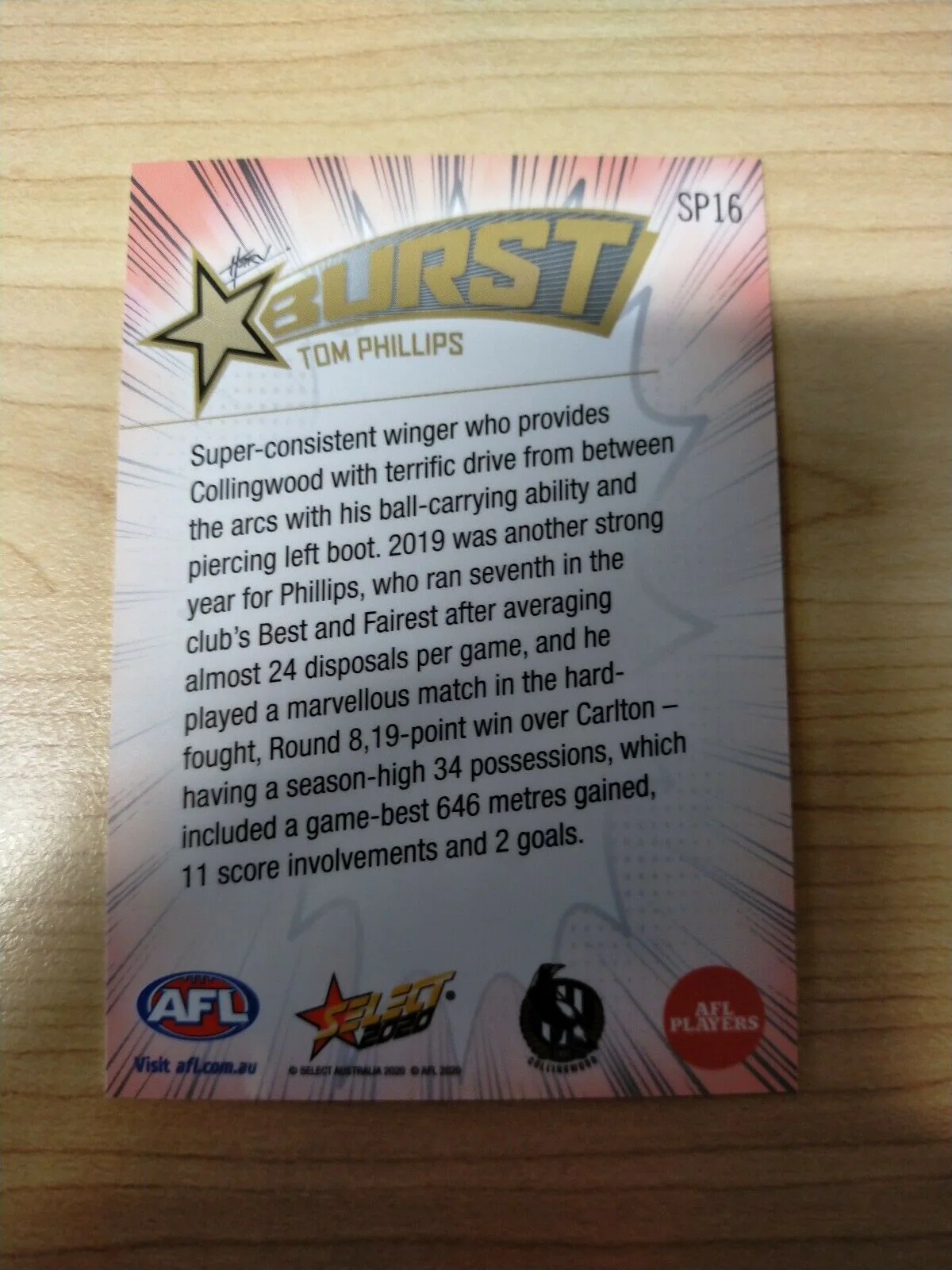 2020 Select Footy Stars Explosion Star Burst Collingwood Tom Phillips - Image 2