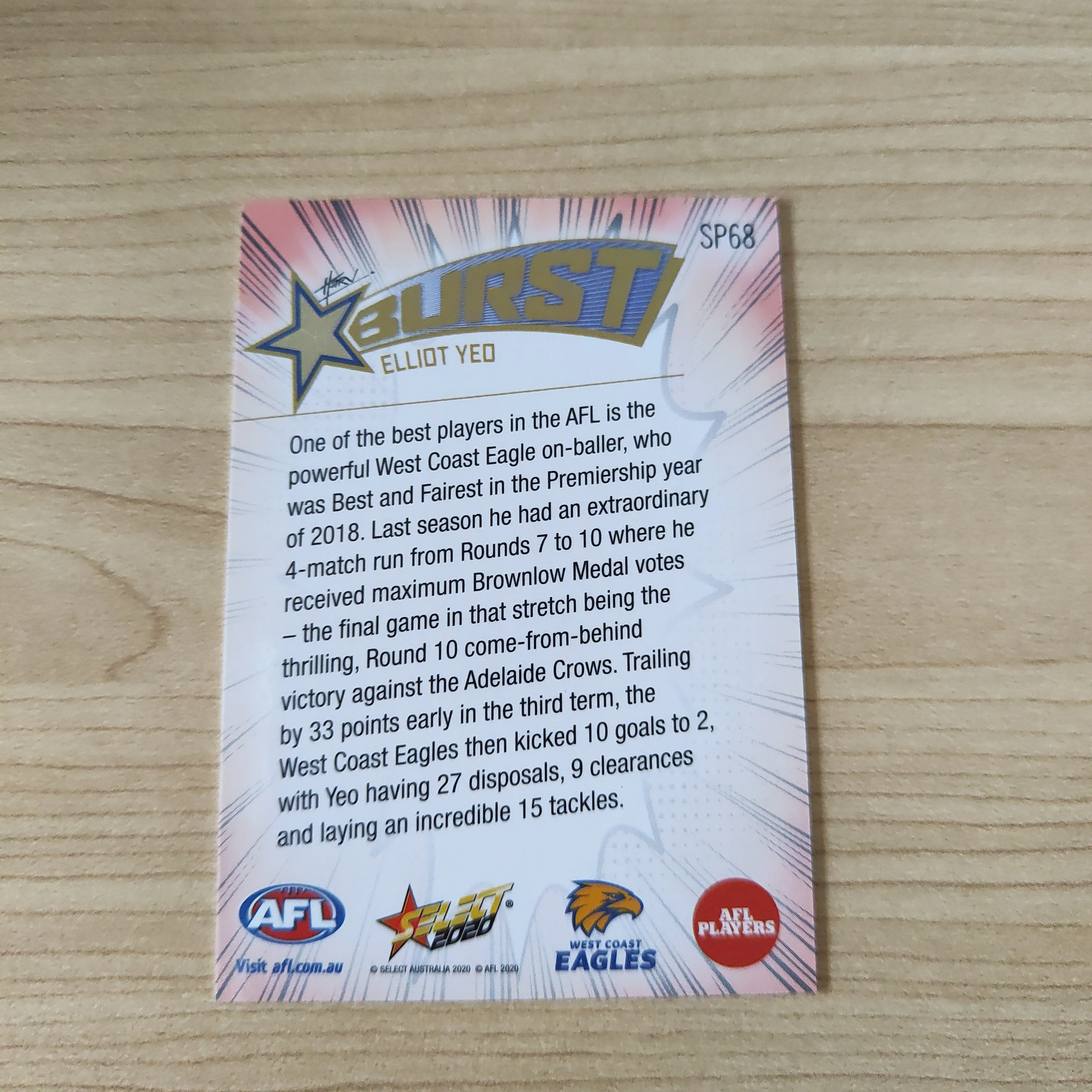 2020 Select Footy Stars Explosion Star Burst Elliot Yeo West Coast - Image 2