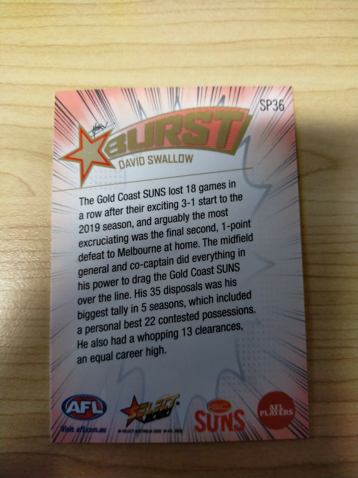 2020 Select Footy Stars Explosion Star Burst GC Suns David Swallow - Image 2