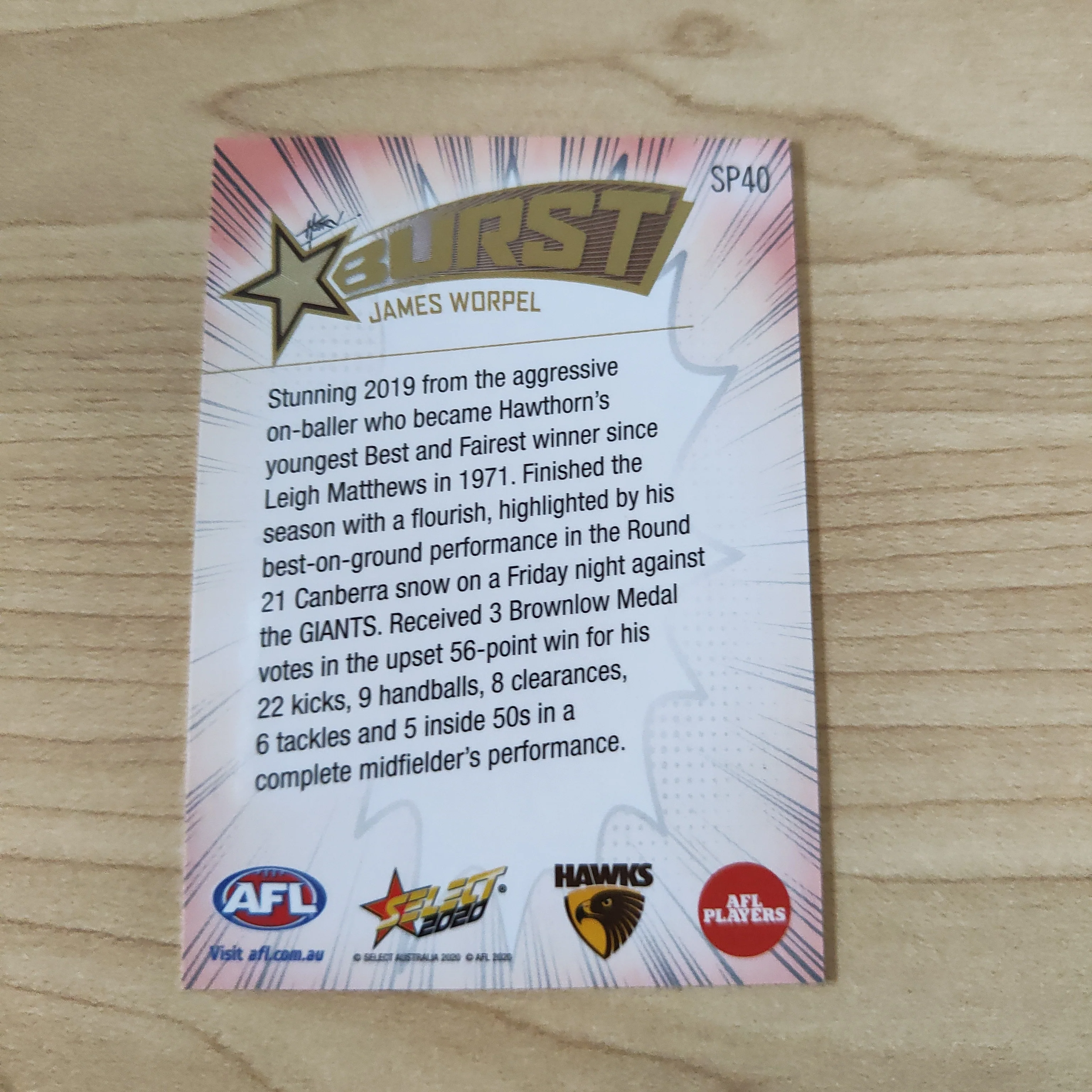 2020 Select Footy Stars Explosion Star Burst James Worpel Hawthorn - Image 2