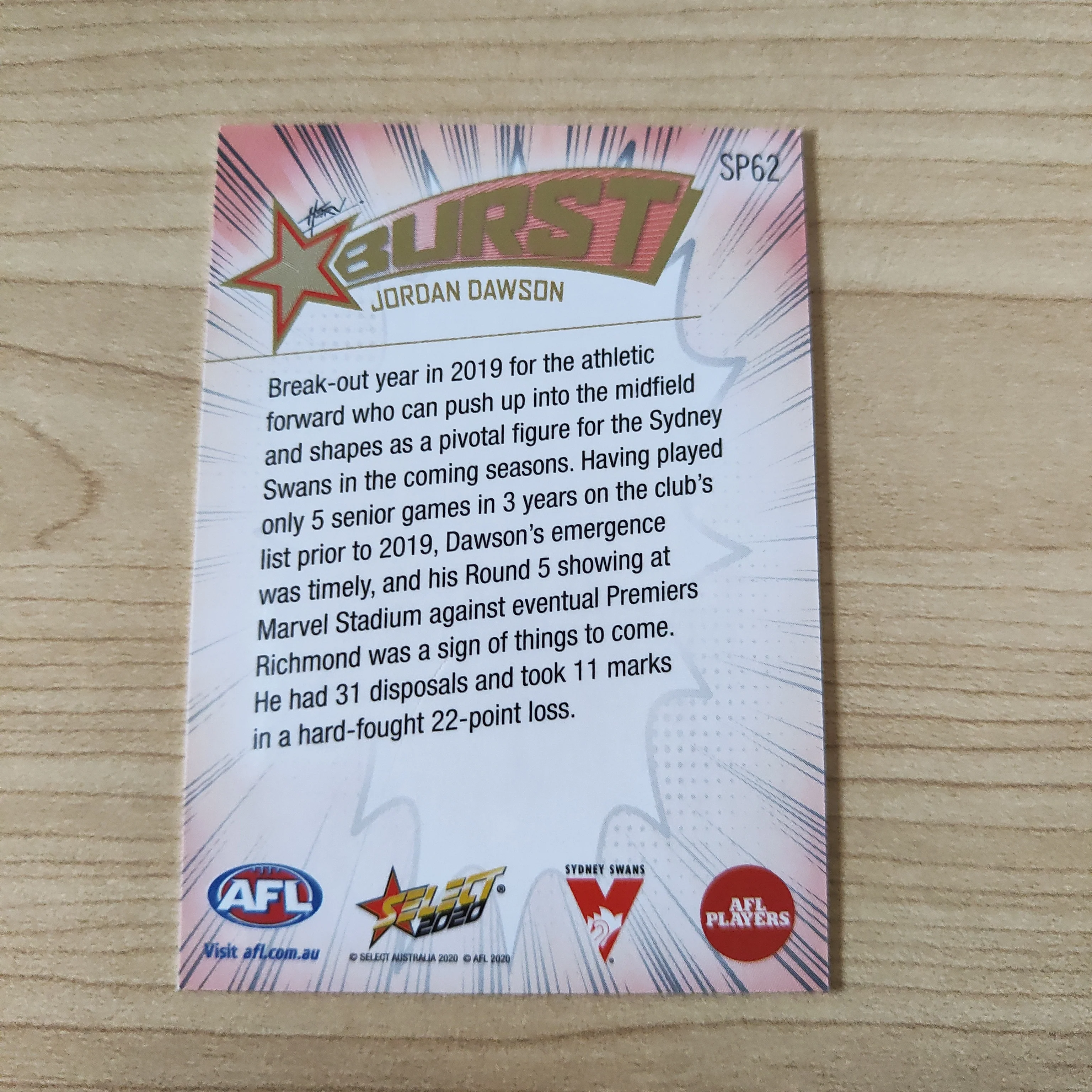 2020 Select Footy Stars Explosion Star Burst Jordan Dawson Sydney - Image 2