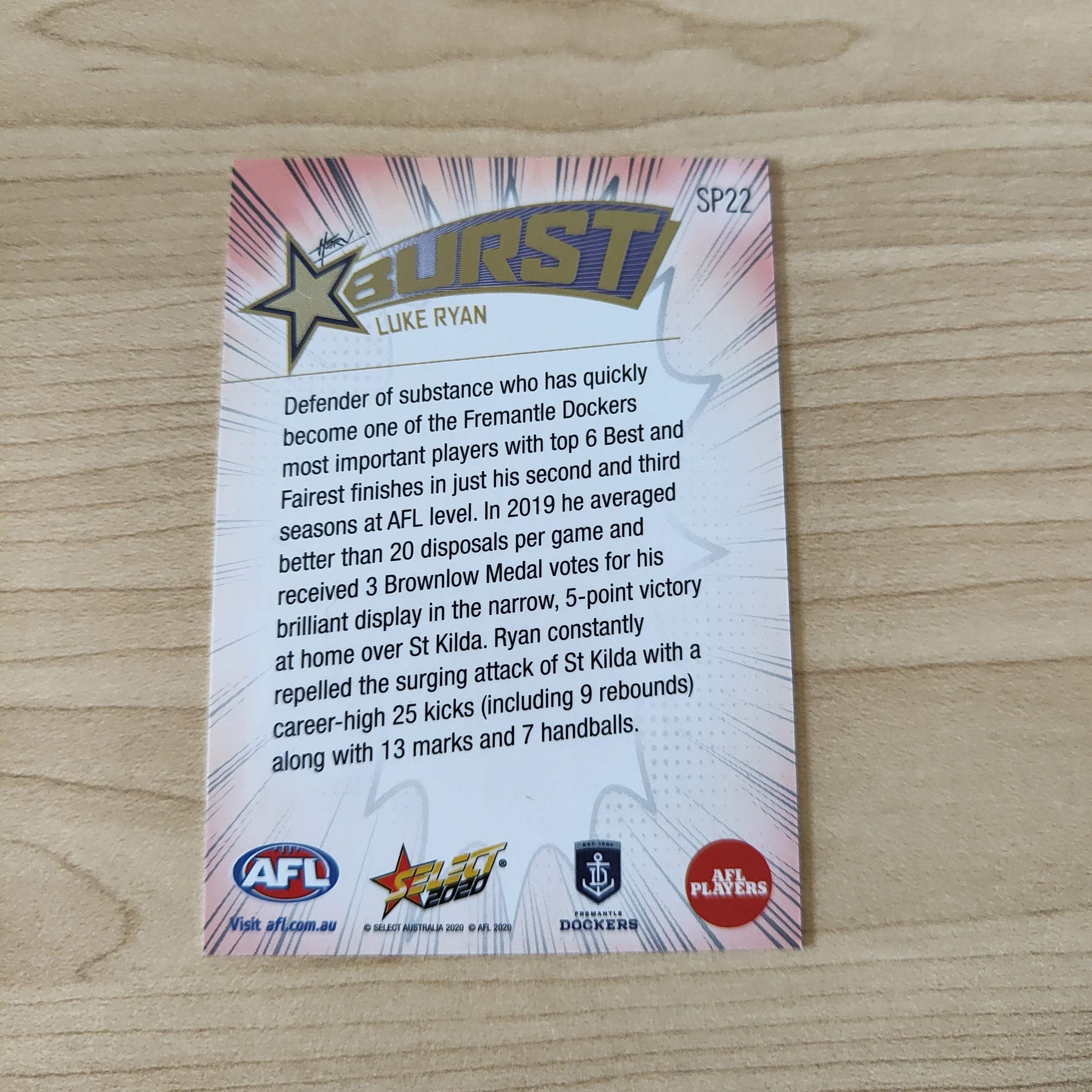 2020 Select Footy Stars Explosion Star Burst Luke Ryan Fremantle - Image 2
