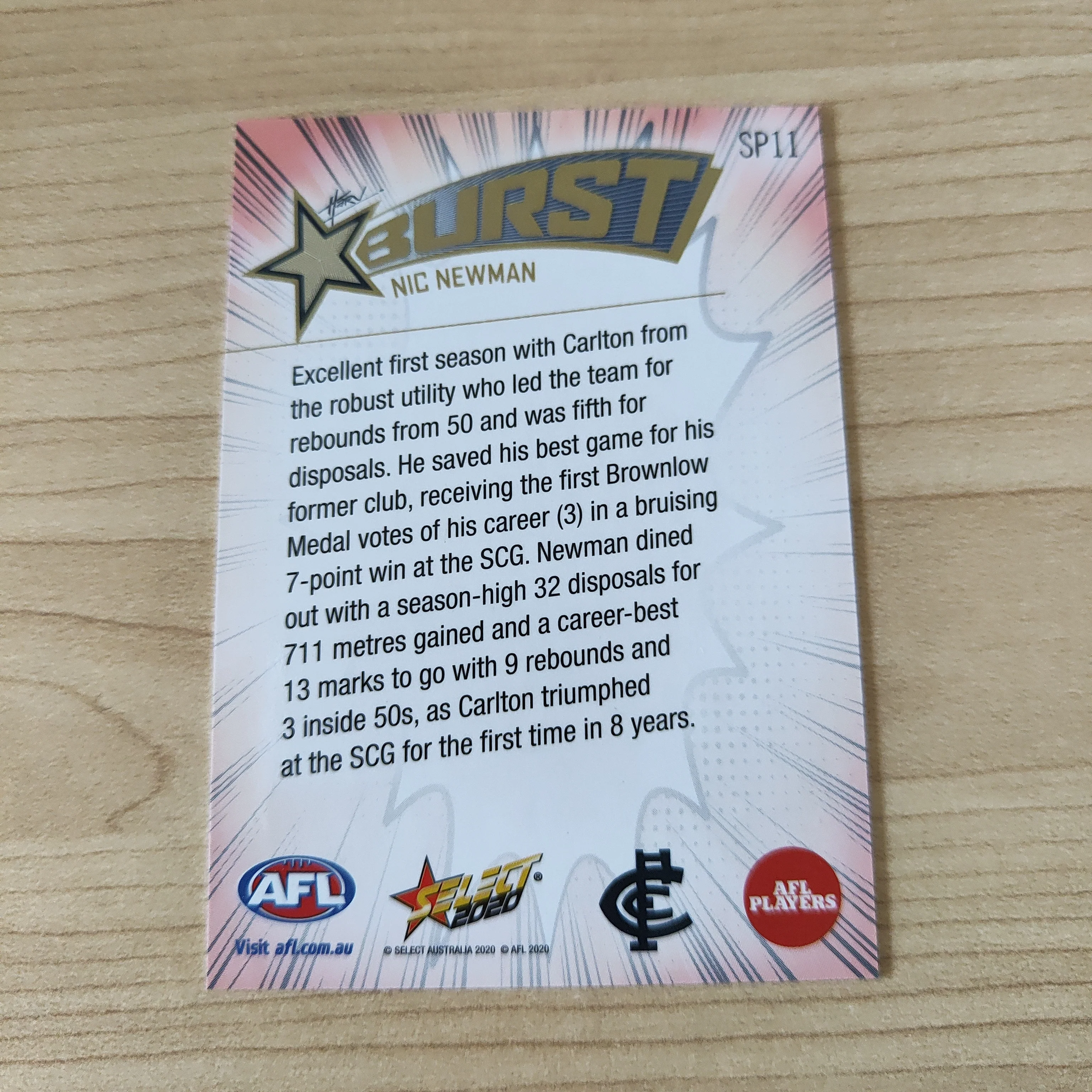 2020 Select Footy Stars Explosion Star Burst Nic Newman Carlton - Image 2