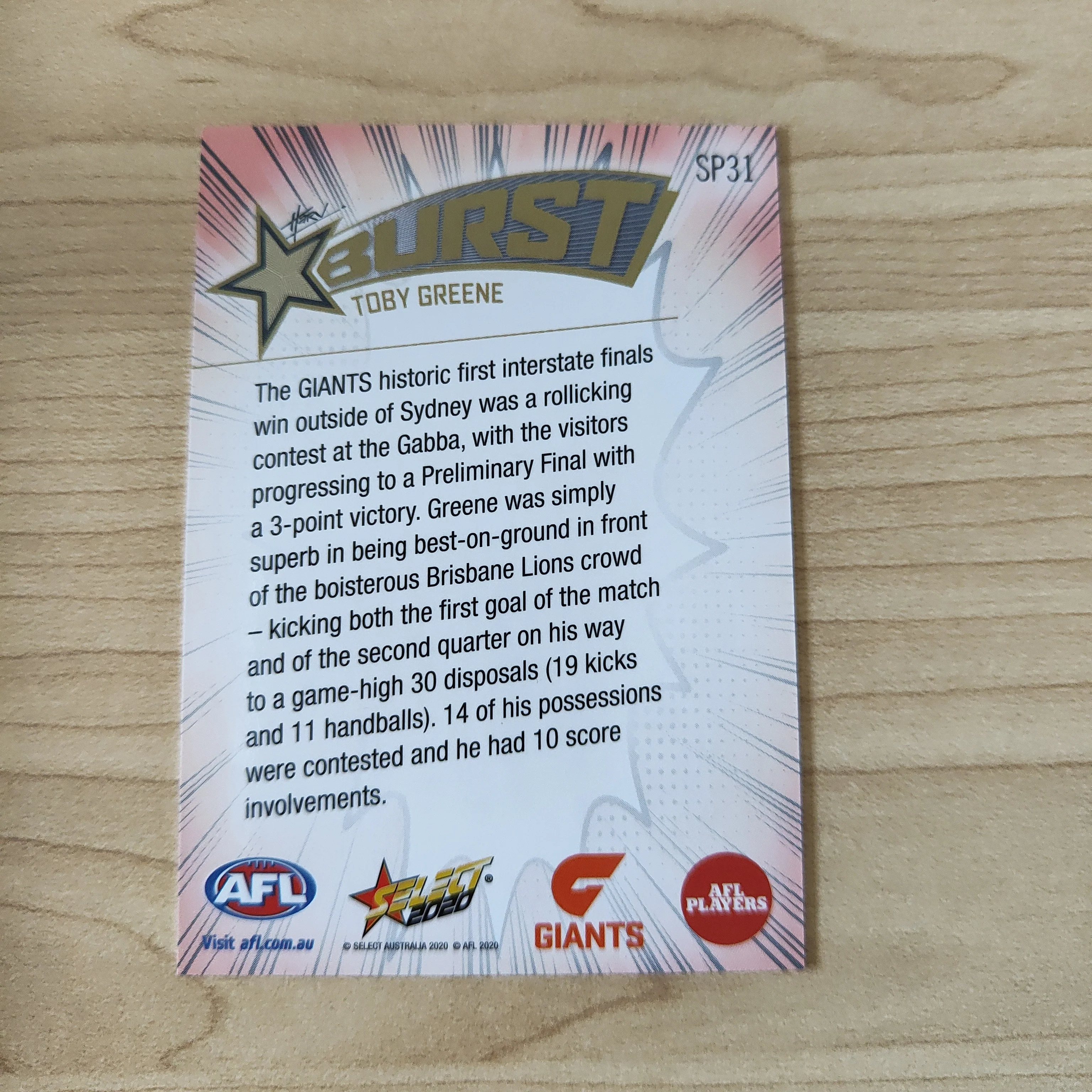 2020 Select Footy Stars Explosion Star Burst Toby Greene GWS - Image 2