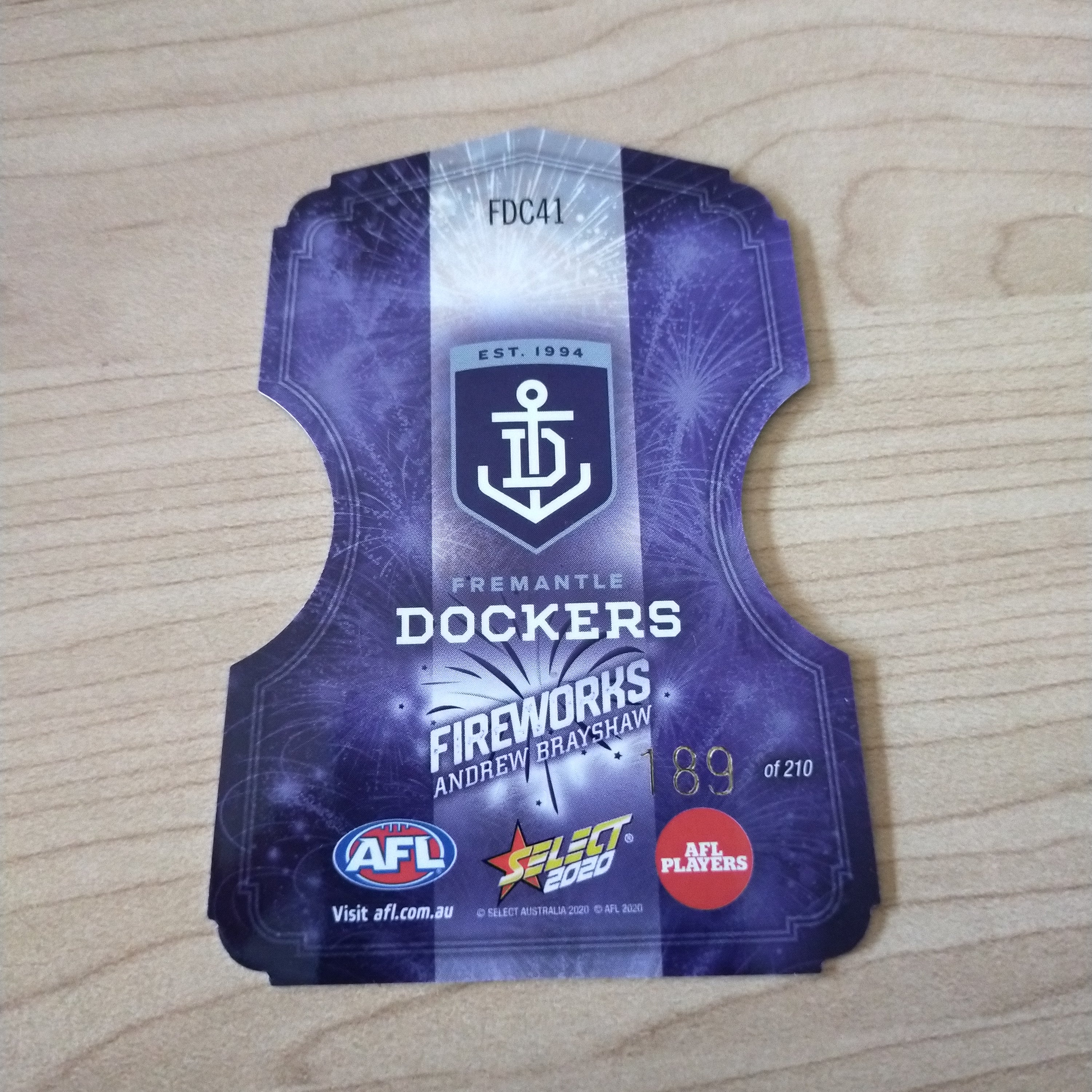 2020 Select Footy Stars Fireworks Andrew Brayshaw Fremantle No. 189/210 - Image 2