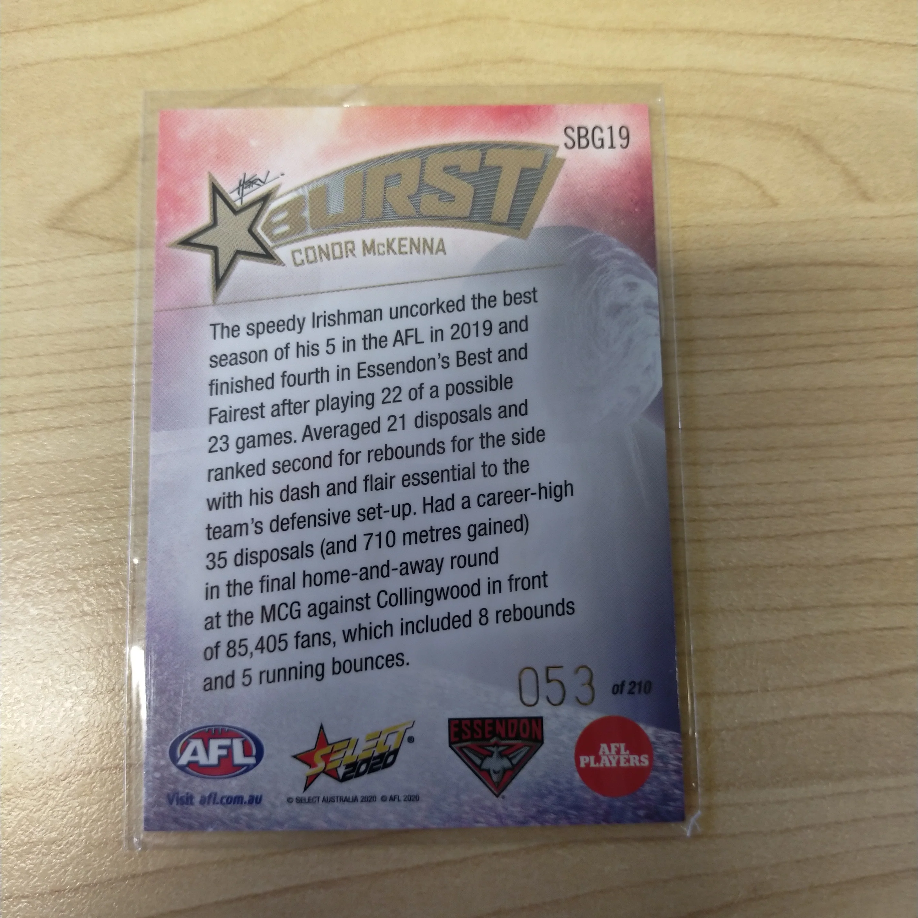 2020 Select Footy Stars Galactic Starburst Essendon Conor McKenna No. 053/210 - Image 2