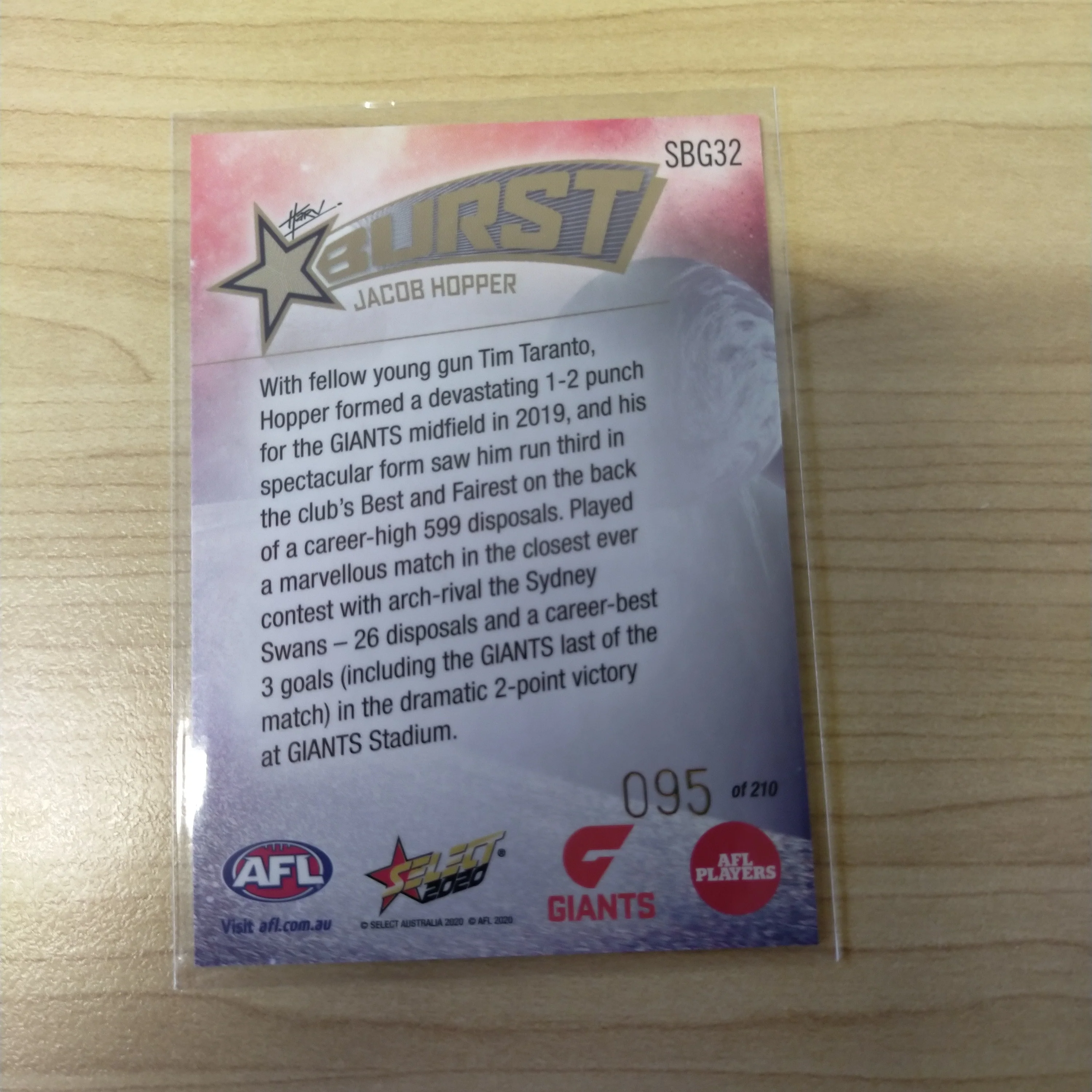 2020 Select Footy Stars Galactic Starburst GWS Giants Jacob Hopper No. 095/210 - Image 2