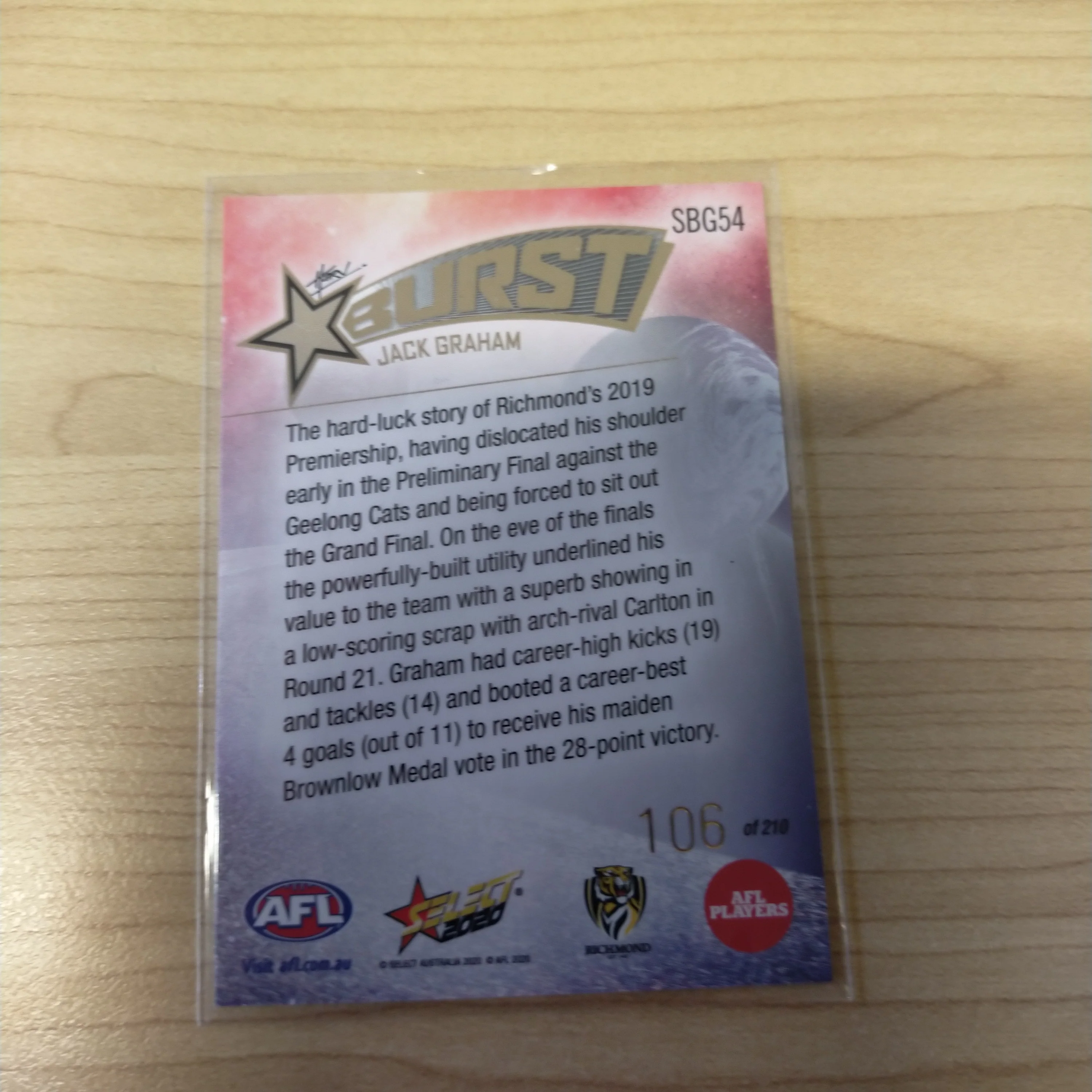 2020 Select Footy Stars Galactic Starburst Richmond Jack Graham No. 106/210 - Image 2