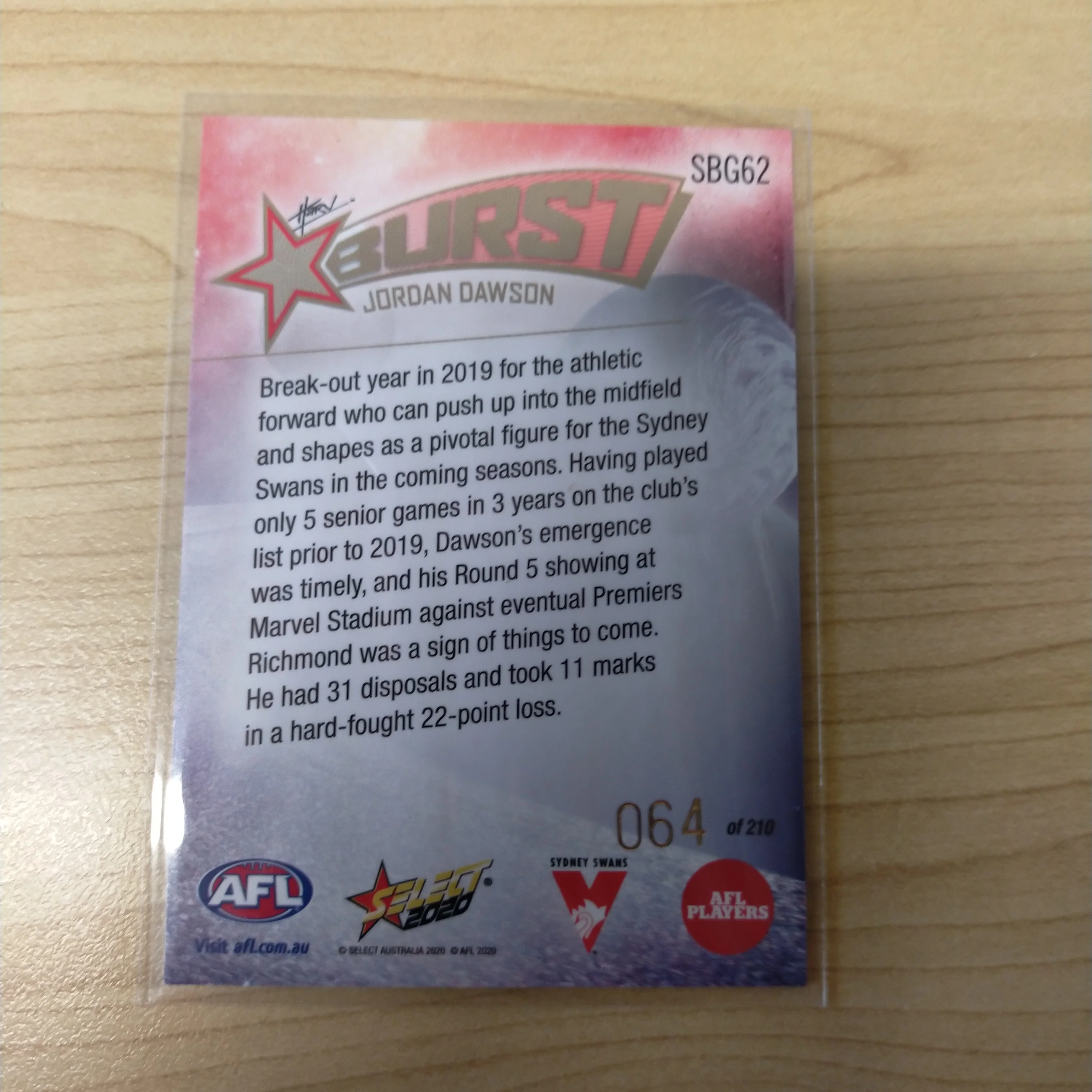 2020 Select Footy Stars Galactic Starburst Sydney Jordan Dawson No. 064/210 - Image 2