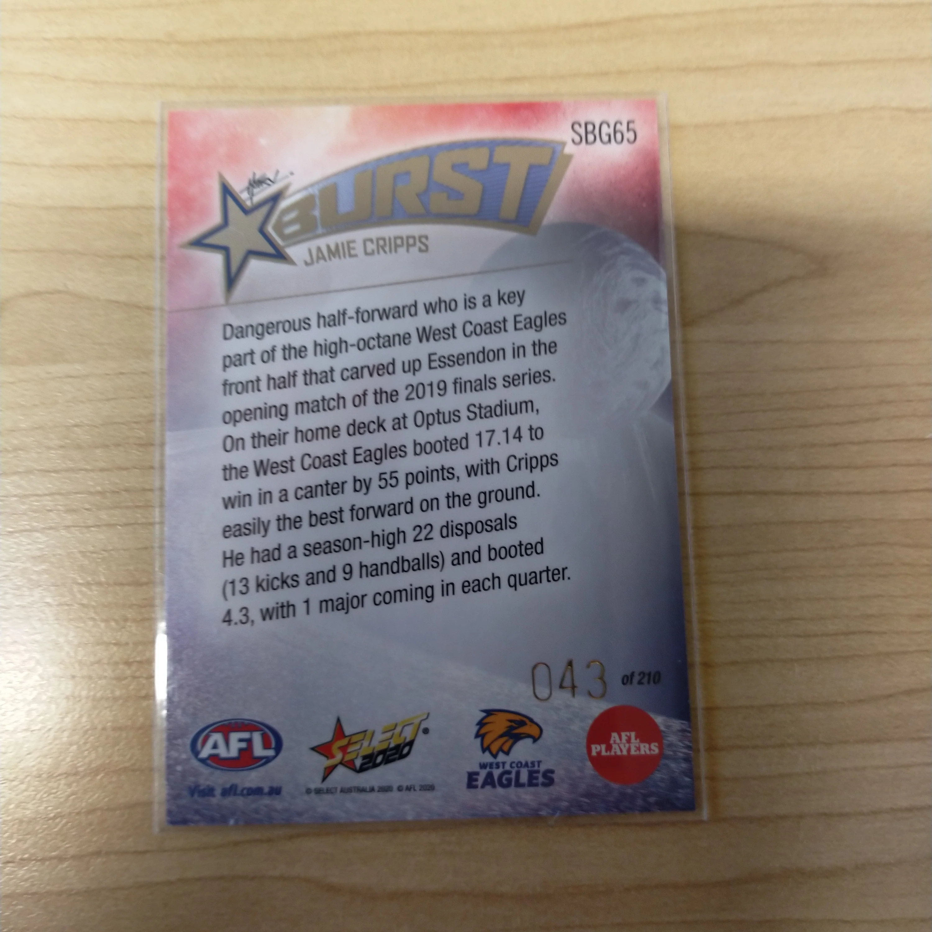 2020 Select Footy Stars Galactic Starburst West Coast Jamie Cripps No. 043/210 - Image 2