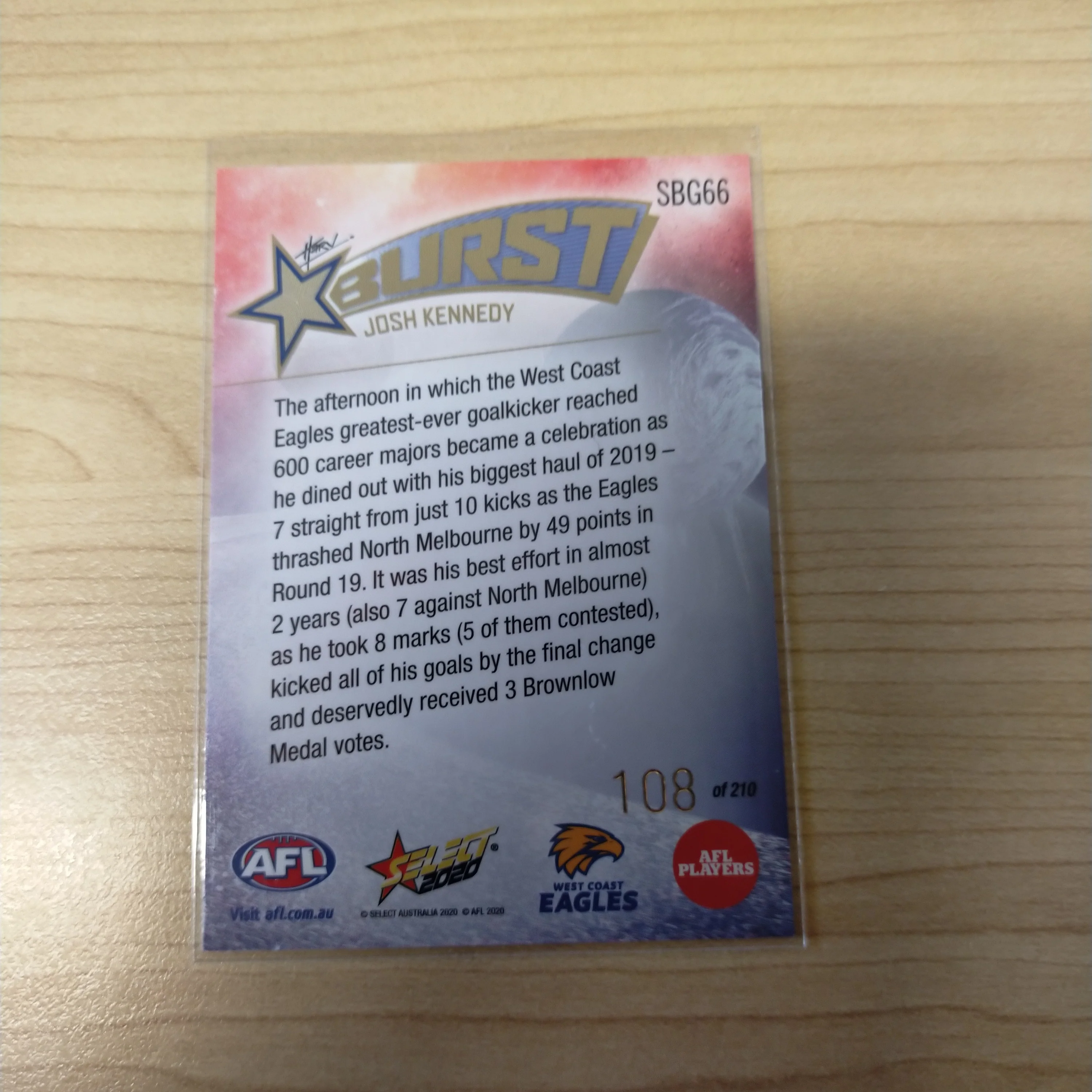 2020 Select Footy Stars Galactic Starburst West Coast Josh Kennedy No. 108/210 - Image 2