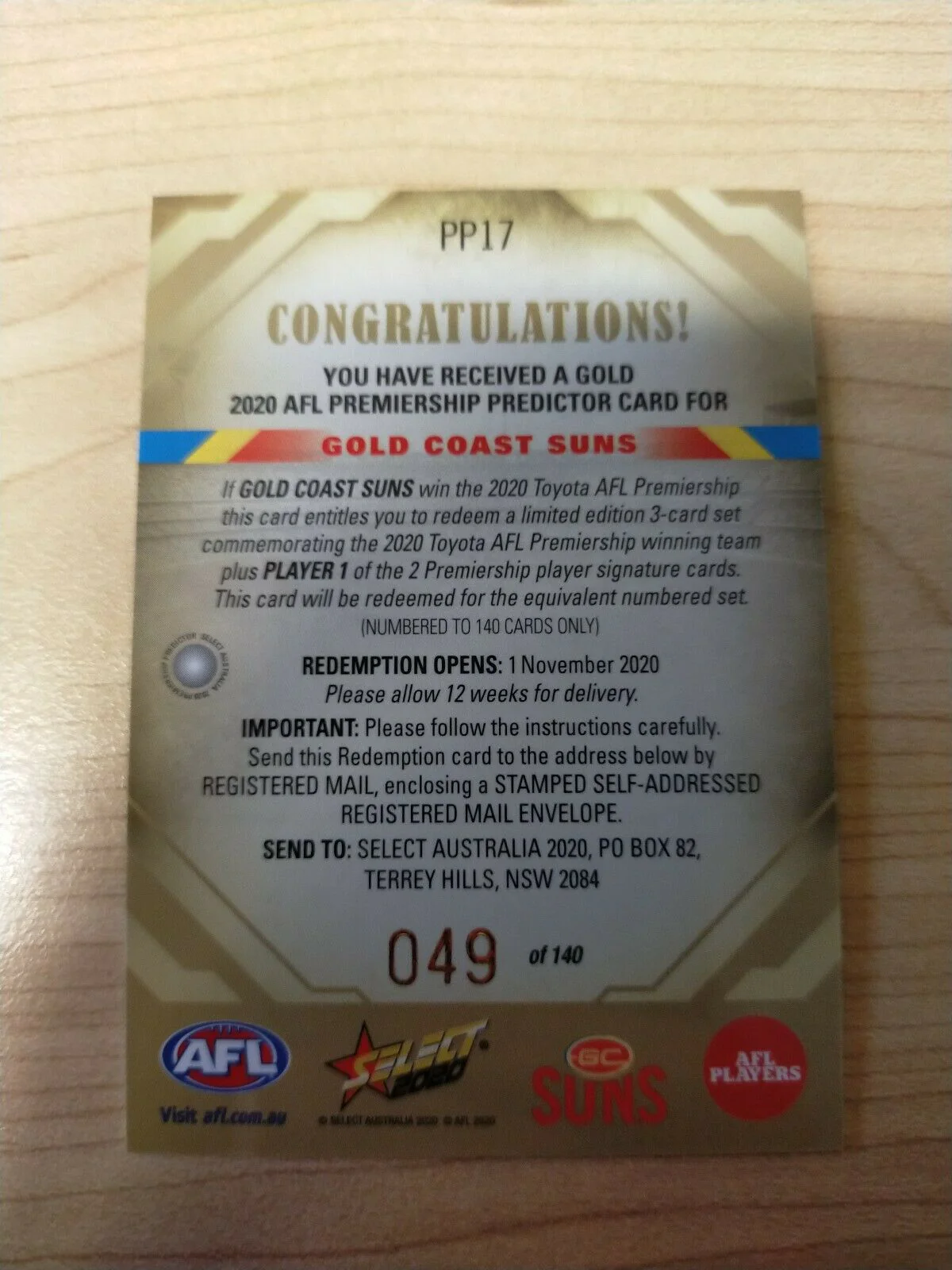 2020 Select Footy Stars Gold Premiership Predictor GC Suns No.049/140 - Image 2