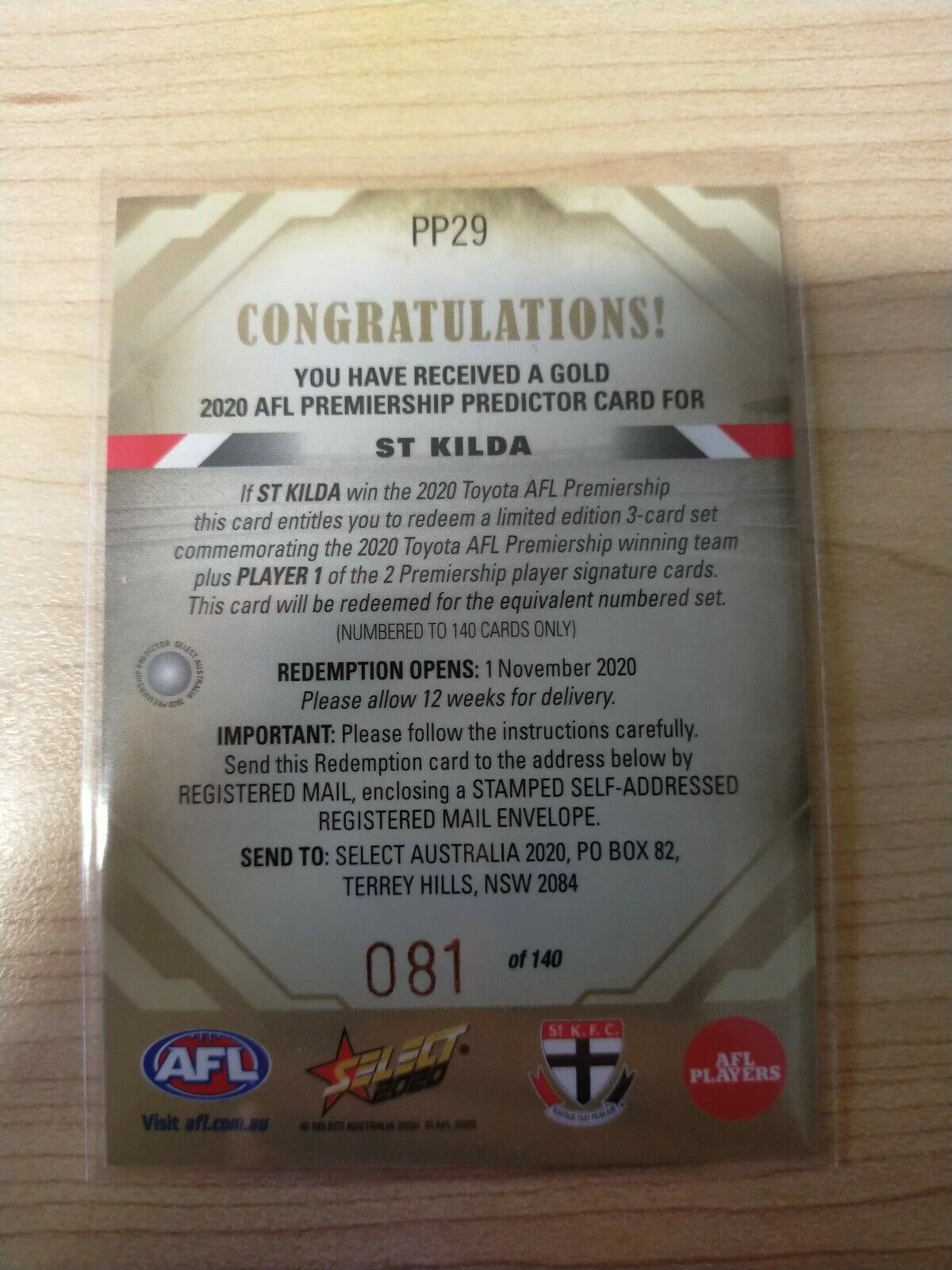 2020 Select Footy Stars Gold Premiership Predictor St Kilda No.081/140 - Image 2
