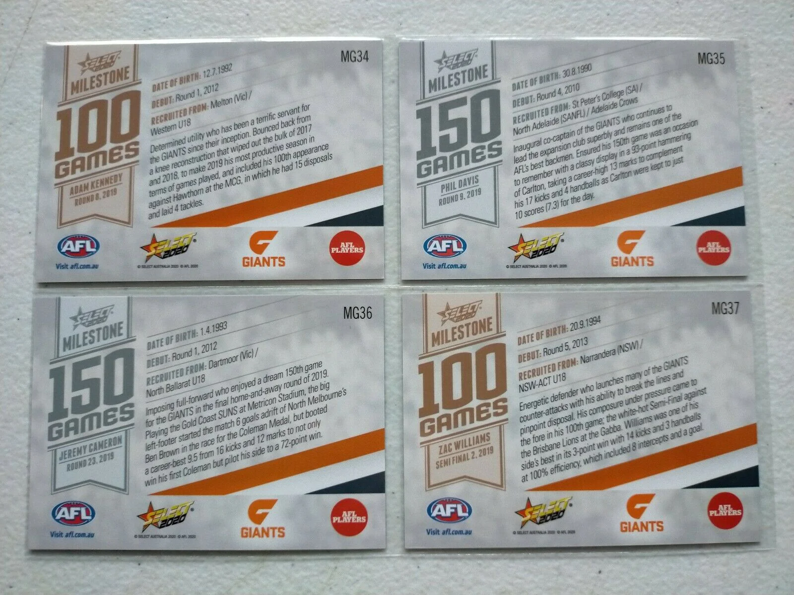 2020 Select Footy Stars Milestones GWS Giants Team Set x 4 Cards - Image 2