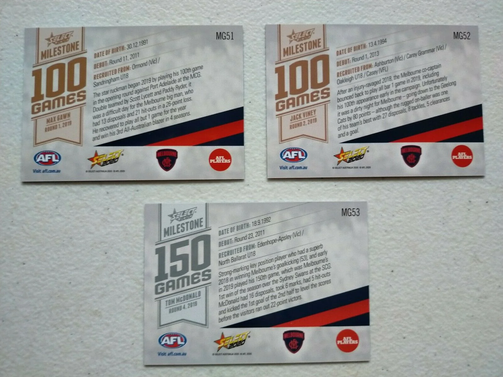 2020 Select Footy Stars Milestones Melbourne Team Set x 3 Cards - Image 2