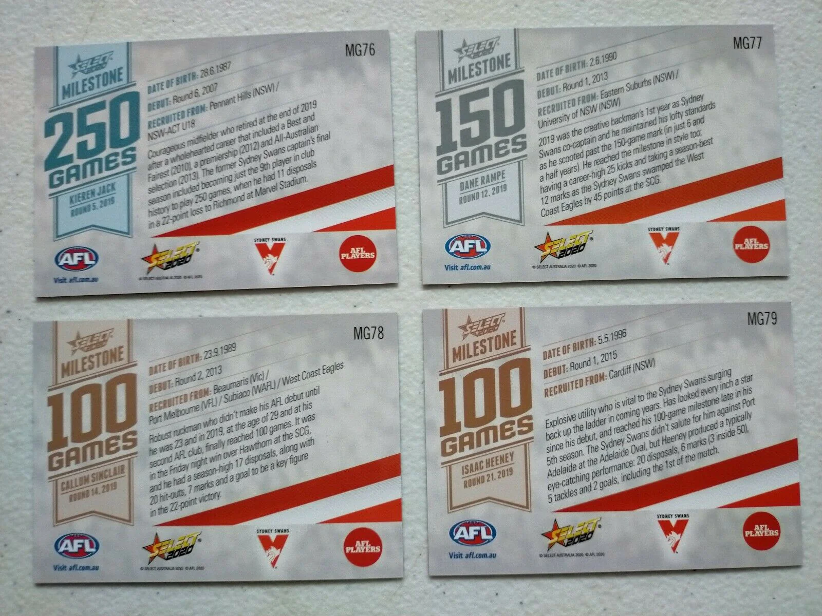 2020 Select Footy Stars Milestones Sydney Team Set x 4 Cards - Image 2