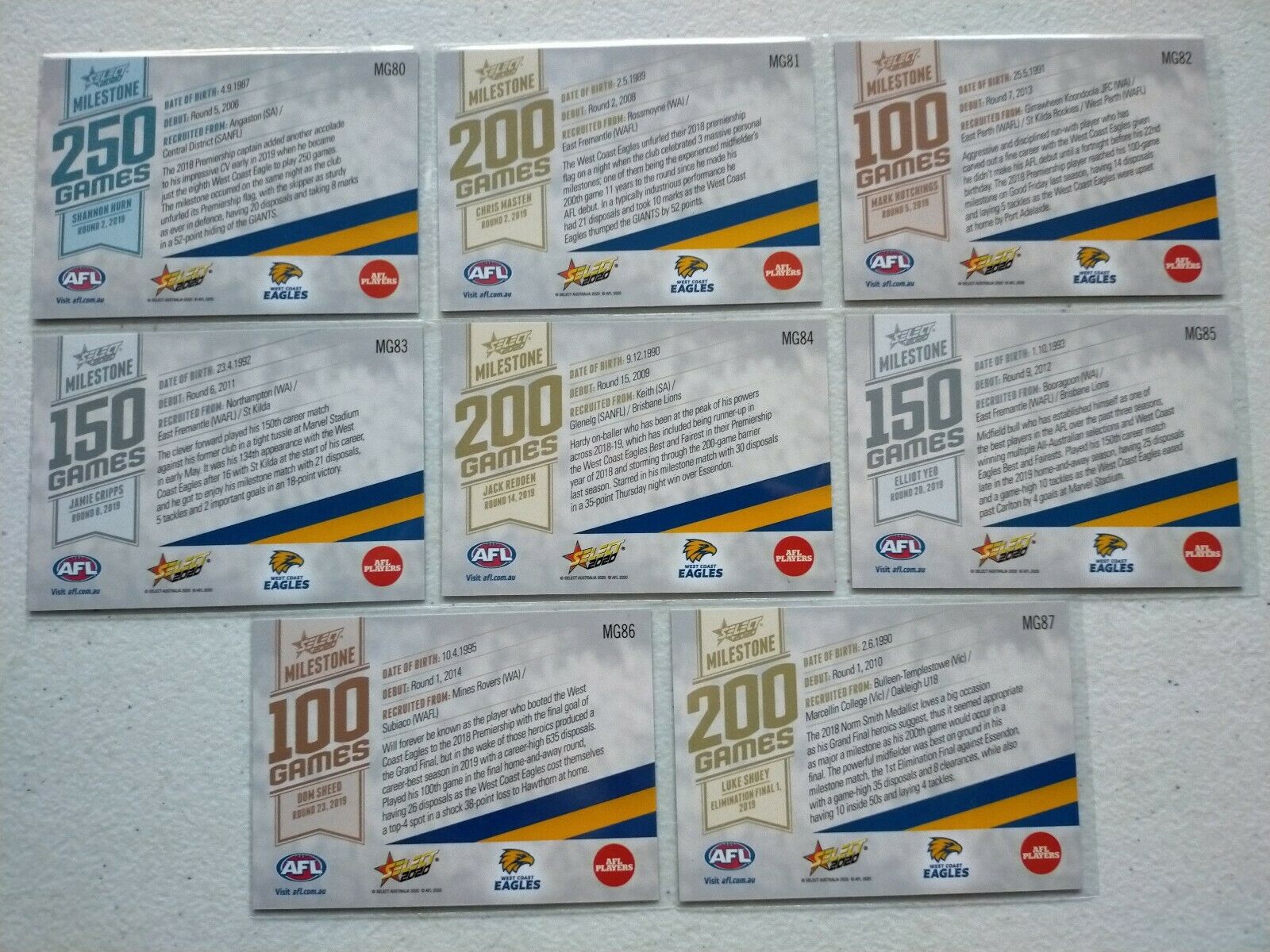 2020 Select Footy Stars Milestones West Coast Team Set x 8 Cards - Image 2