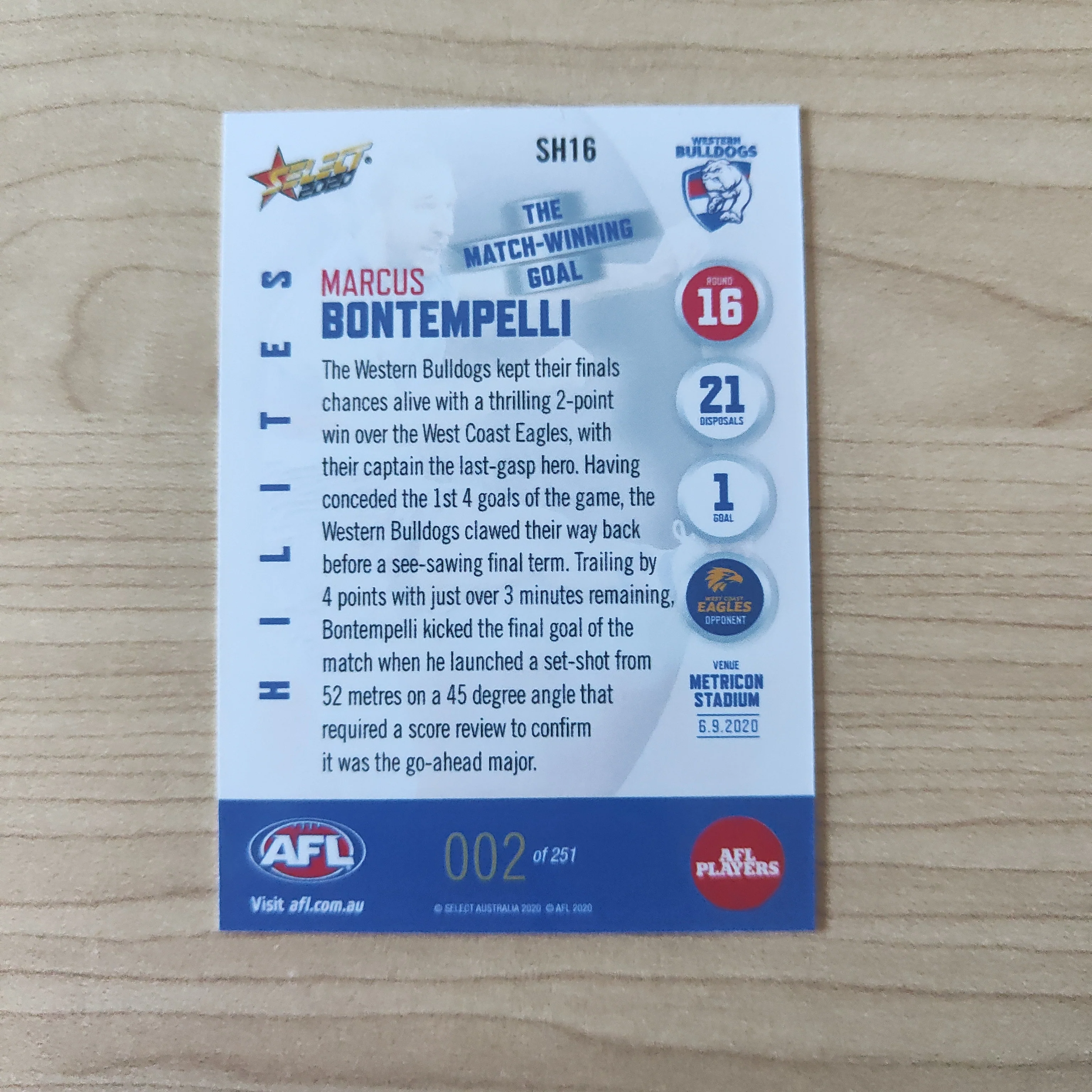 2020 Select Hilites Marcus Bontempelli Western Bulldogs LOW NUMBER No.002/251 - Image 2