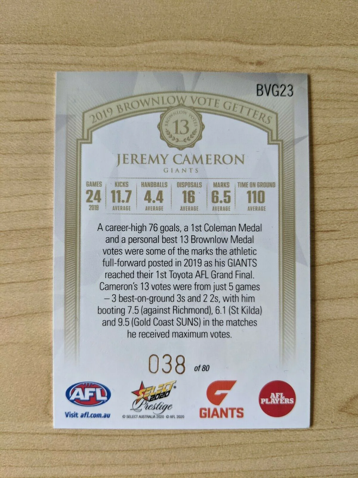 2020 Select Prestige AFL Brownlow Vote Getter Jeremy Cameron GWS Giants 38/80 - Image 2
