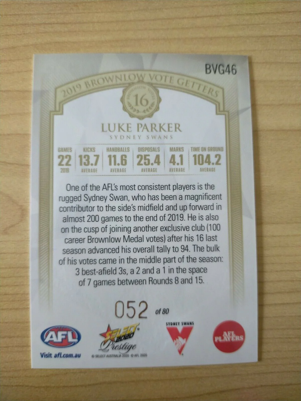 2020 Select Prestige Brownlow Vote Getters Luke Parker Sydney No. 052/80 - Image 2